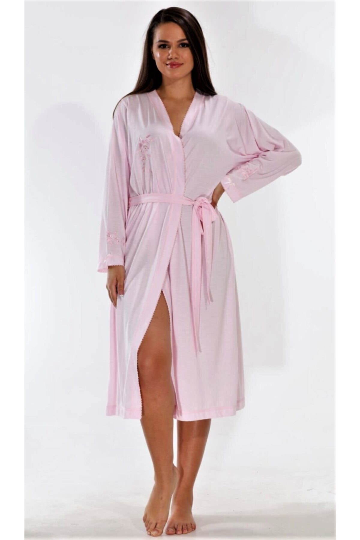 Etoile Bağlamalı Uzun Sabahlık Pembe