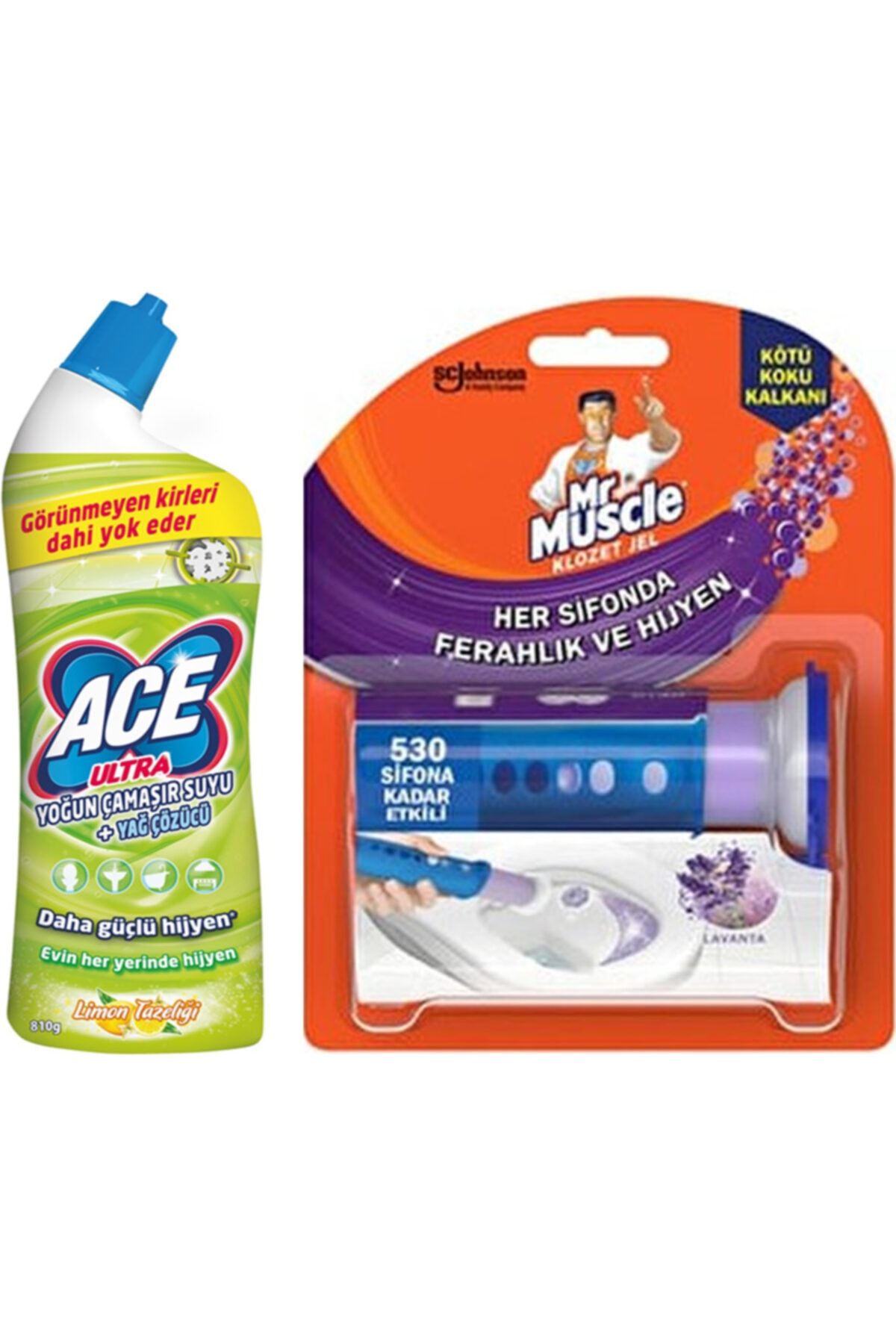 ACE Ultra Yoğun Kıvamlı Çamaşır Suyu Limon Tazeliği 810 Gram + Mr. Muscle Klozet Jel Lavanta