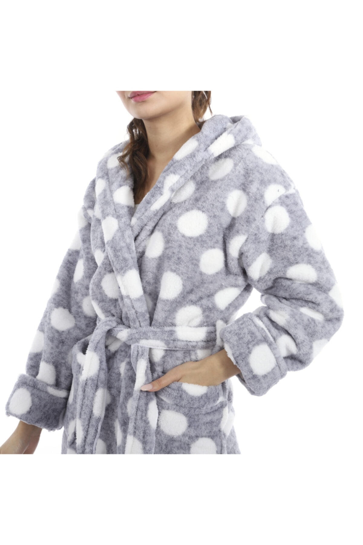 NETY WEAR Nety 461 Gri-puanlı Uzun Welsoft Sabahlık