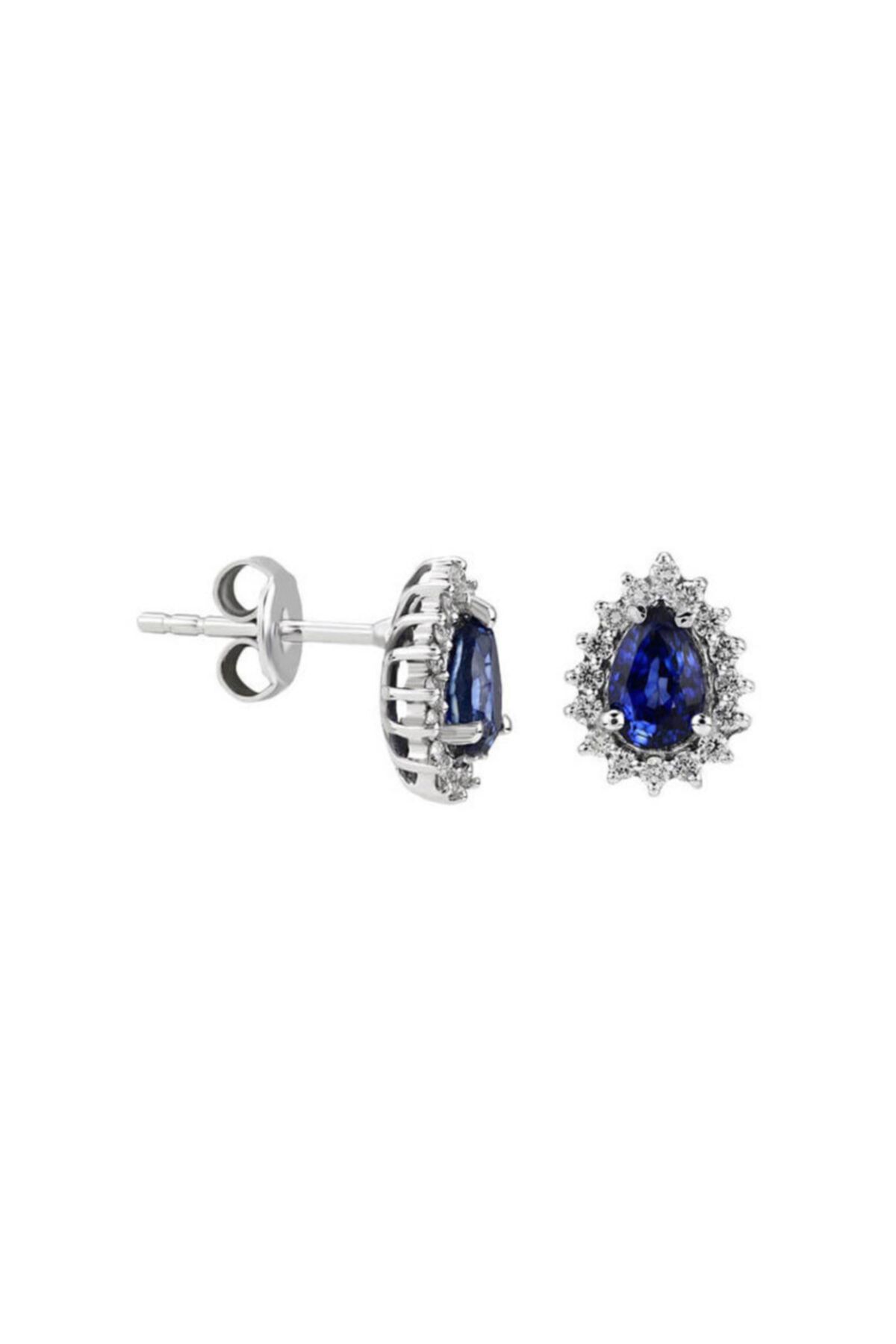 EnginGold 0.20ct Pırlantalı Safir Taşlı Damla Model Küpe-18k