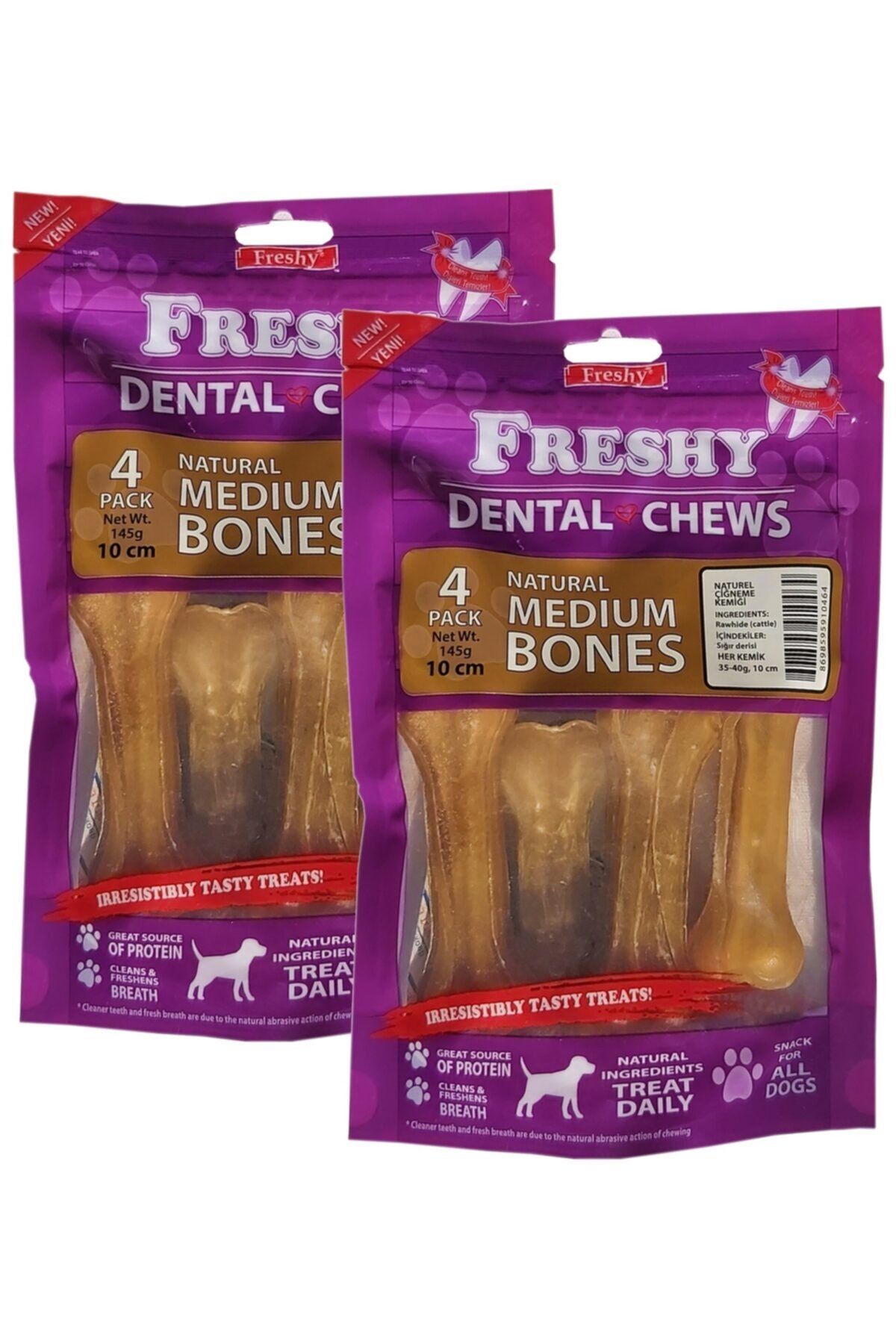 Freshy Orta Boy Natürel Dental Pres Kemik - 10 Santim (4 Inç) - 8'li Paket - Toplam 290 Gram