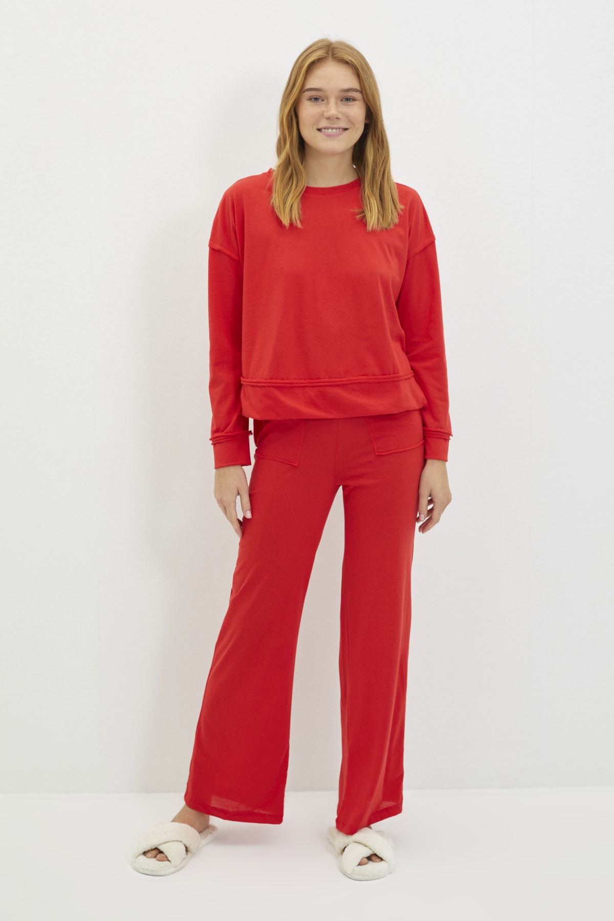 TRENDYOLMİLLA Kırmızı Pis Uç Detaylı Örme Pijama Takımı THMAW22PT1478