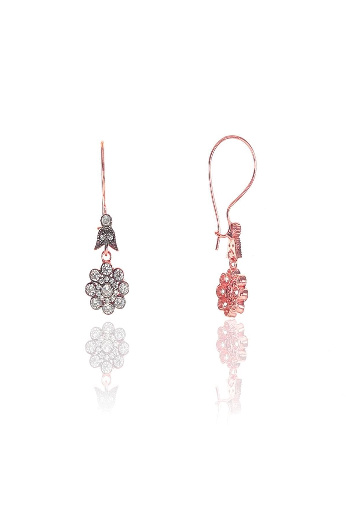 Söğütlü Silver Gümüş Rose Zirkon Taşlı Elmas Montürlü Çiçek Modeli Küpe