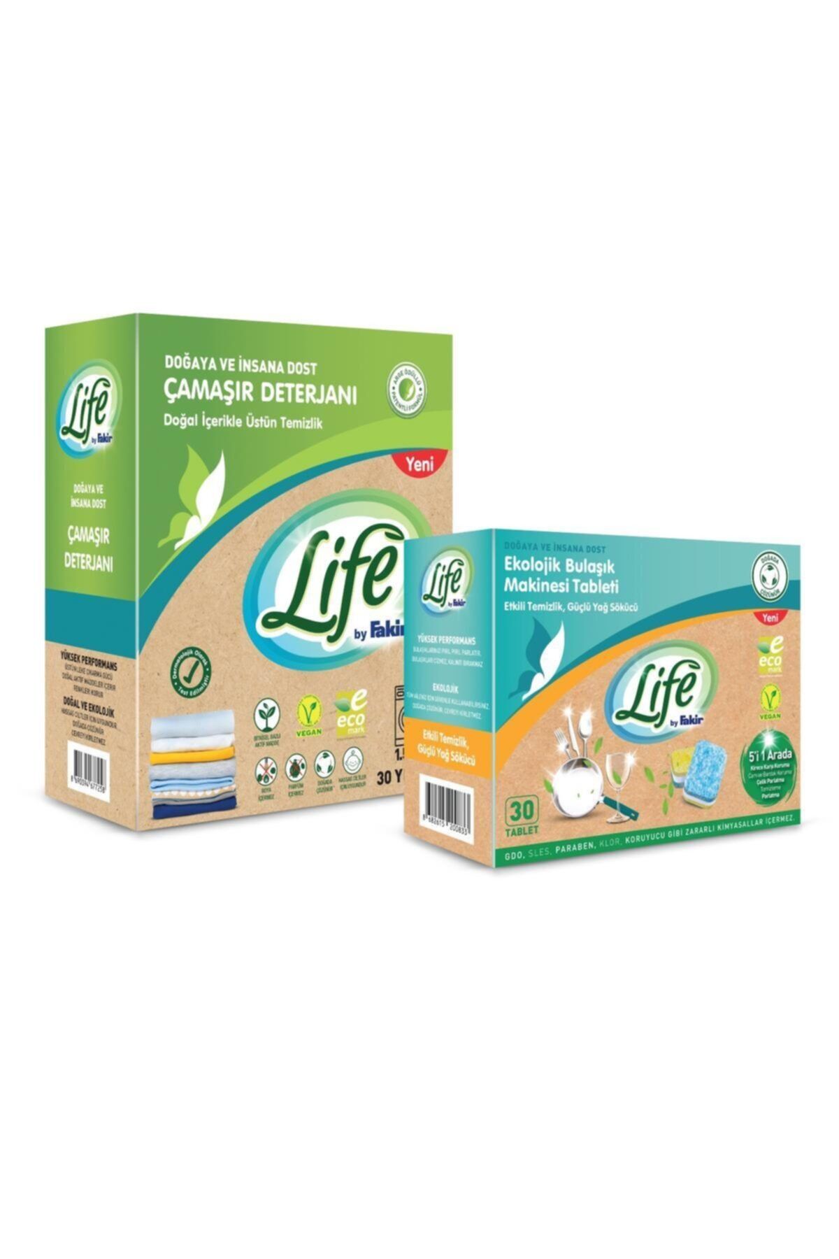 Life by Fakir Ekolojik Vegan Bulaşık Makinesi Tableti(30 Tablet) + Toz Çamaşır Deterjanı (30 Yıkama) 2'li Set