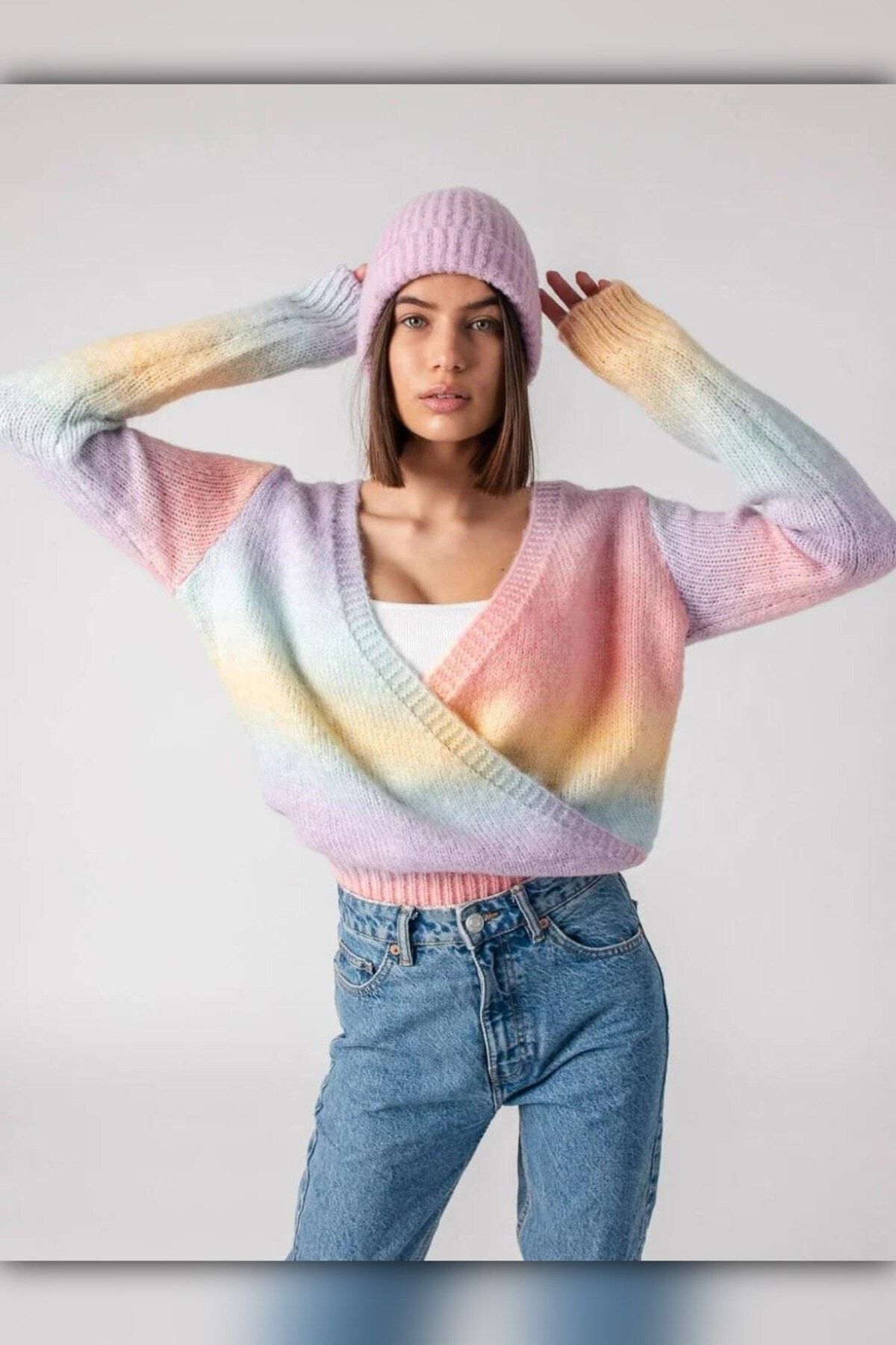 TEORA FASHION Raınbow Serisi Kruvaze Ipek Iplik Triko Bluz
