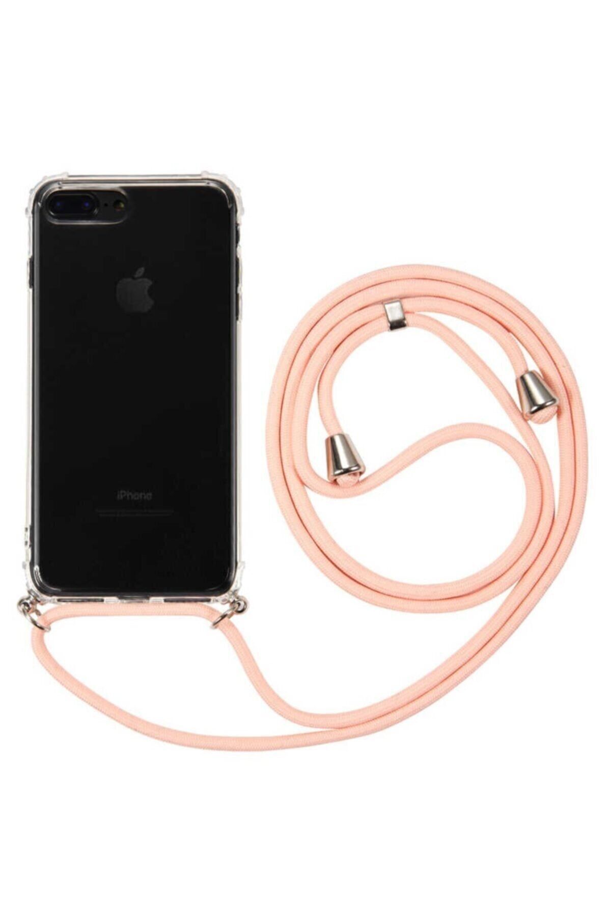 Tria Iphone 7 Plus 8 Plus Boyundan Askılı Şeffaf Darbe Emici Silikon Telefon Kılıfı Pembe Ipli