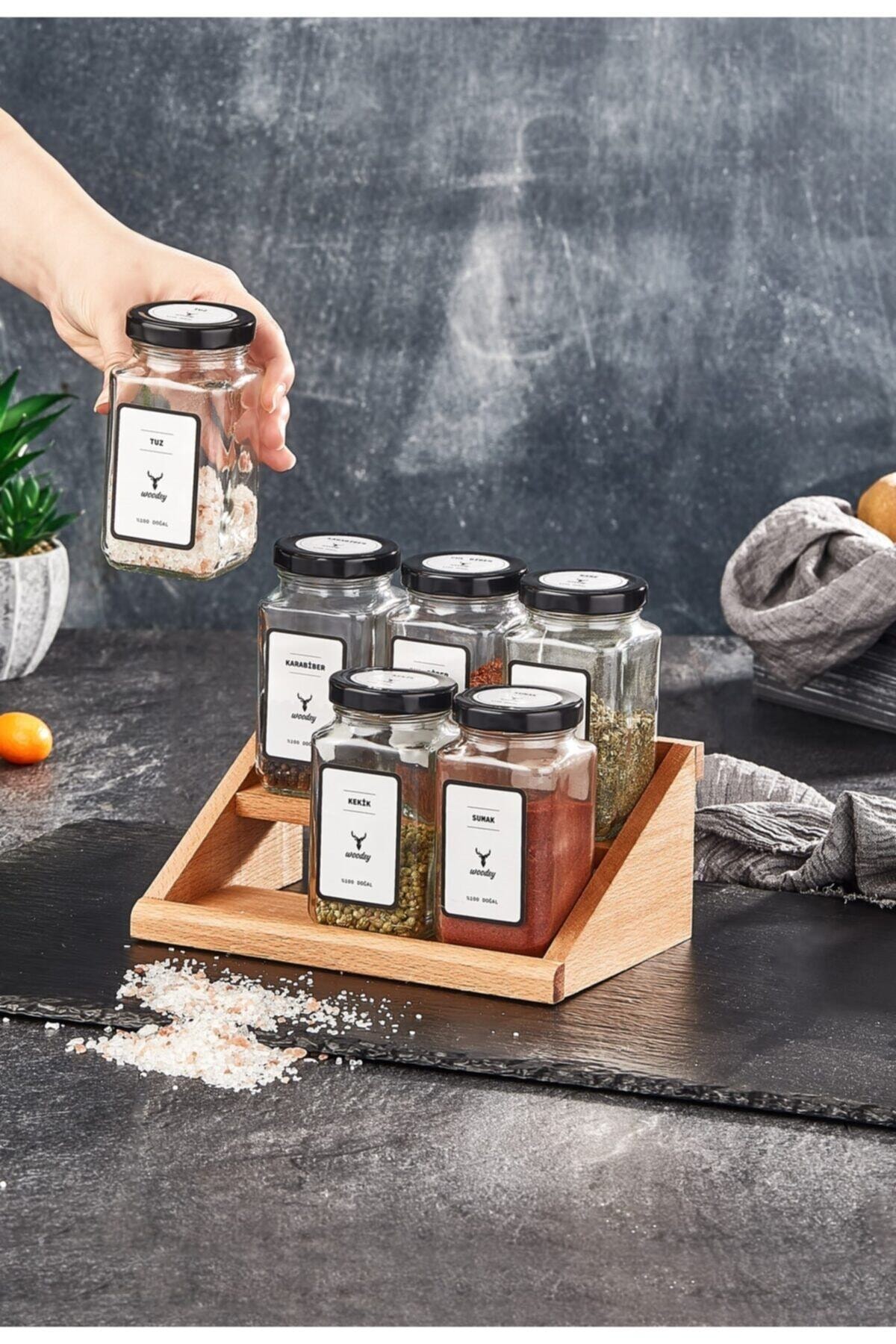 woodsy 6 Lı Ahşap Stantlı Baharatlık, Baharatlık Seti, 12 Adet Yapışkanlı Etiket