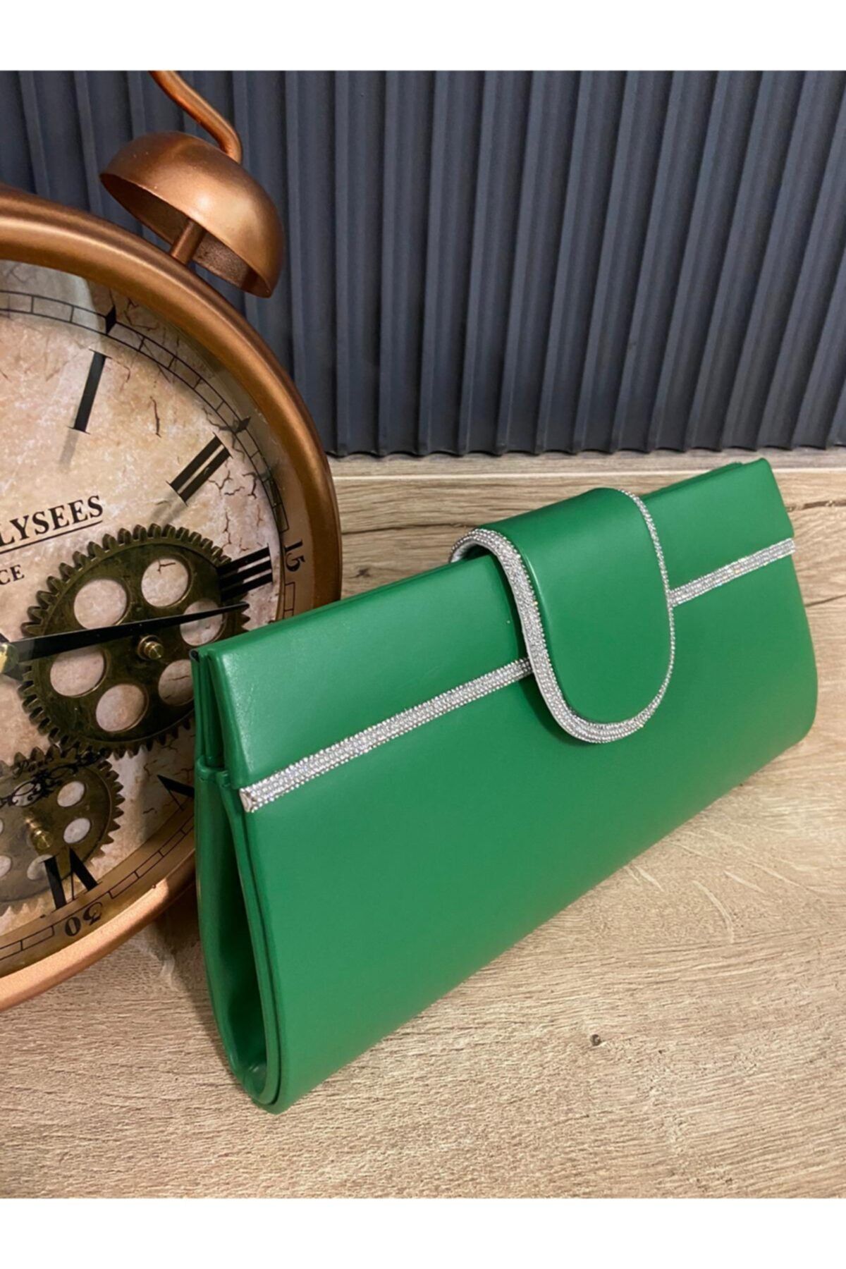 Satürn Boutique & Accessory Deri Yeşil Kapaklı Işıltılı Şerit Detaylı Abiye Çanta