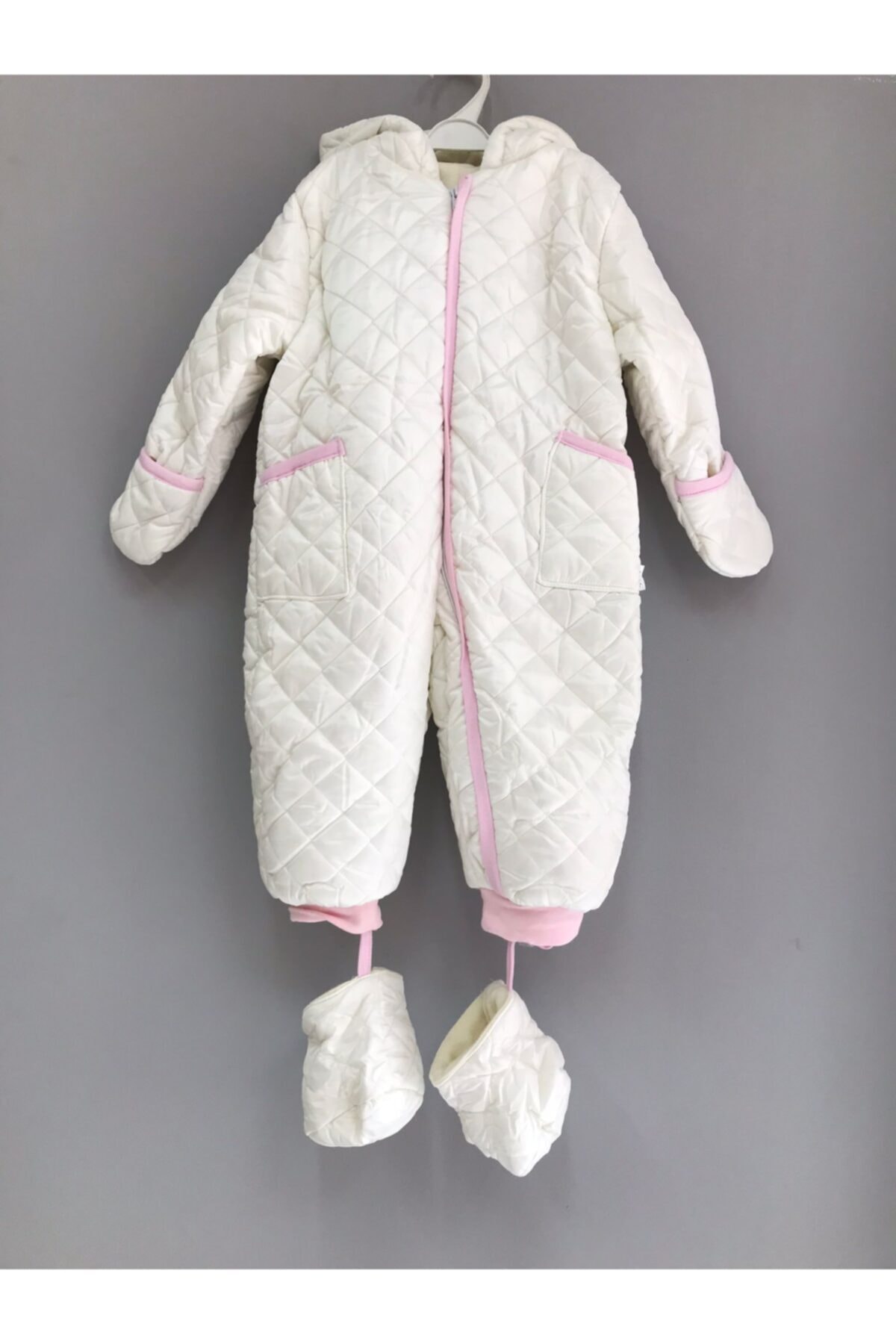 Şan Bebe Beyaz-pembe Kız Fermuarlı Kapüşponlu Kozmonot