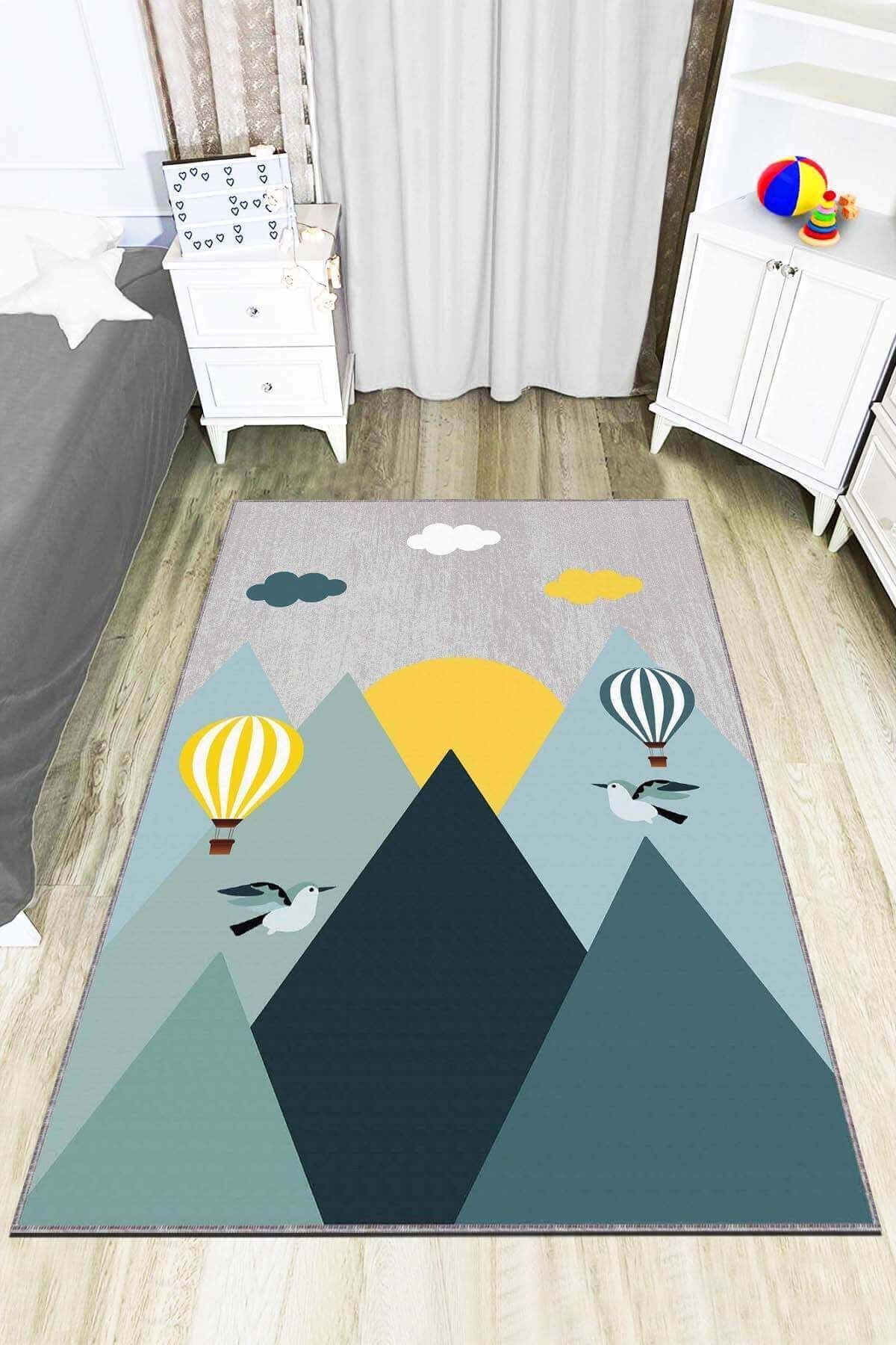 Viva Weaver's Makinede Yıkanabilen Kaymaz Tabanlı Mountain Çocuk Bebek Halısı Ar764
