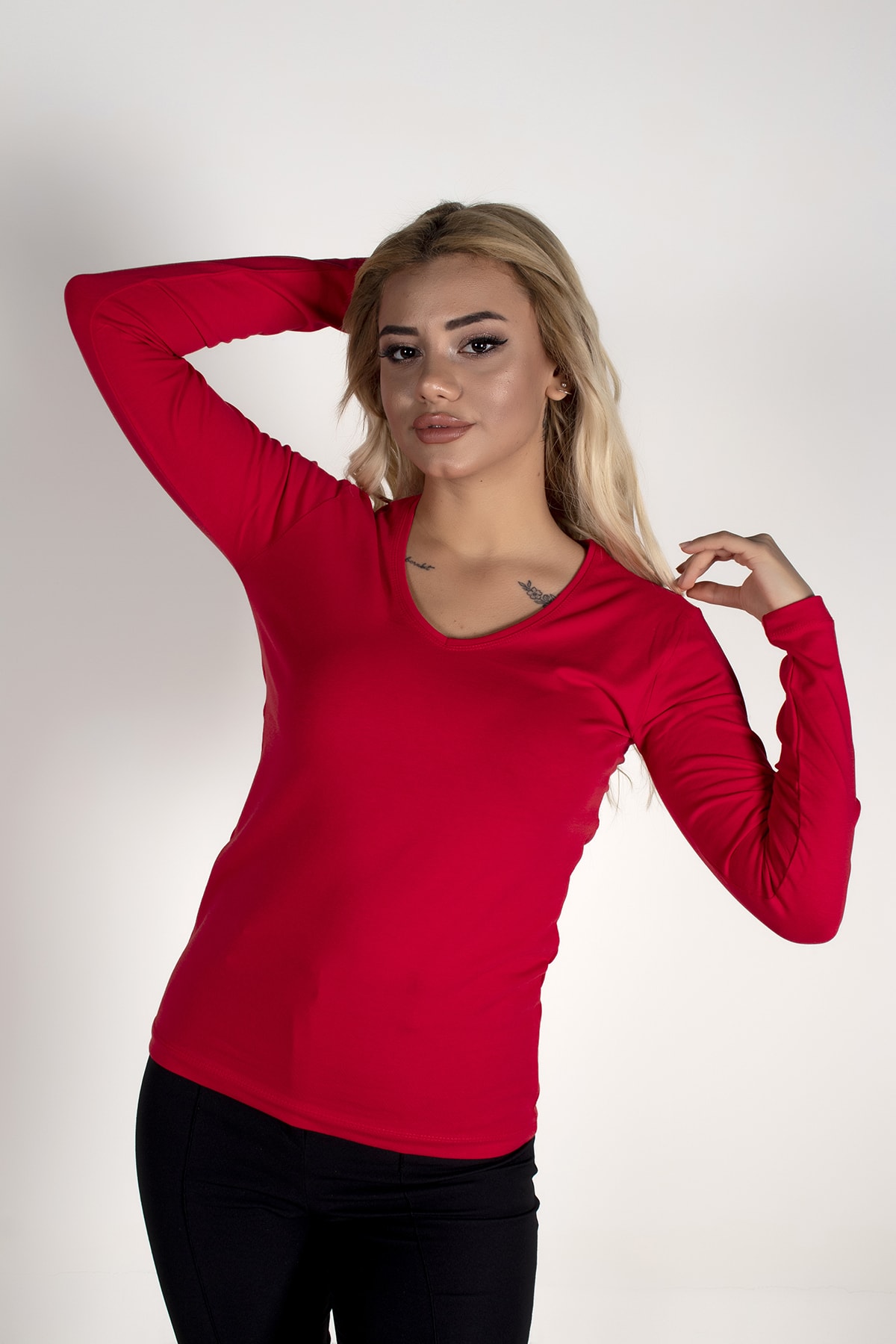 moda felinya Kadın Uzun Kollu V Yaka Kırmızı Body