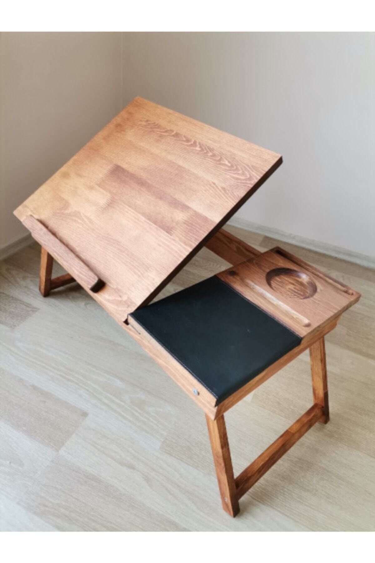 Karınca %100 Ahşap Kademeli Laptop Sehpası - Çalışma Masası - Keyif Tepsisi - Bardak Telefon Deri Mouse Pad