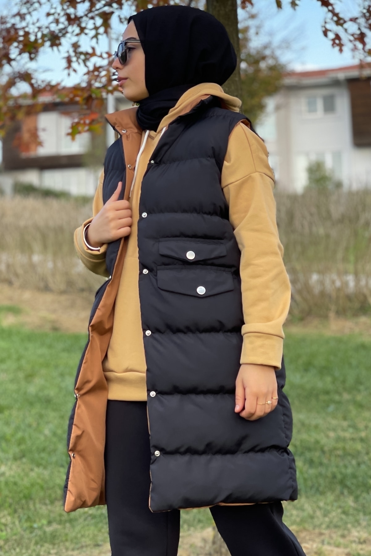 InStyle Çıt Çıt Düğmeli Çift Renk Şişme Yelek - Taba