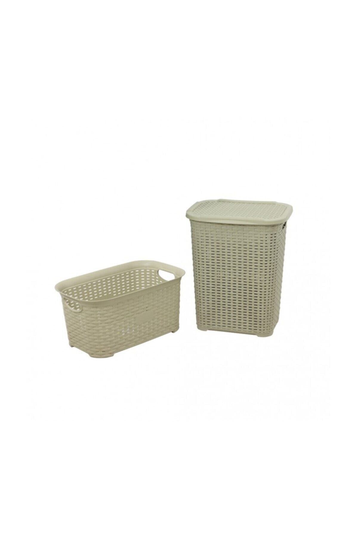 Sağlam Plastik Rattan Hasır Görünümlü Kirli Çamaşır Sepeti- Çamaşır Sepeti 2'li Set Çölbeji