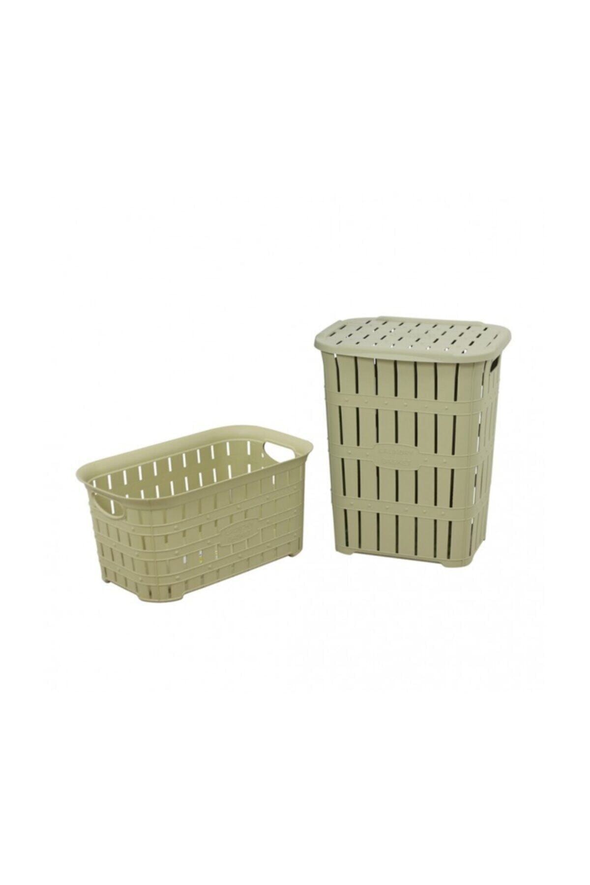 Sağlam Plastik Bambu Görünümlü Kirli Çamaşır Sepeti- Çamaşır Sepeti 2'li Set Çölbeji