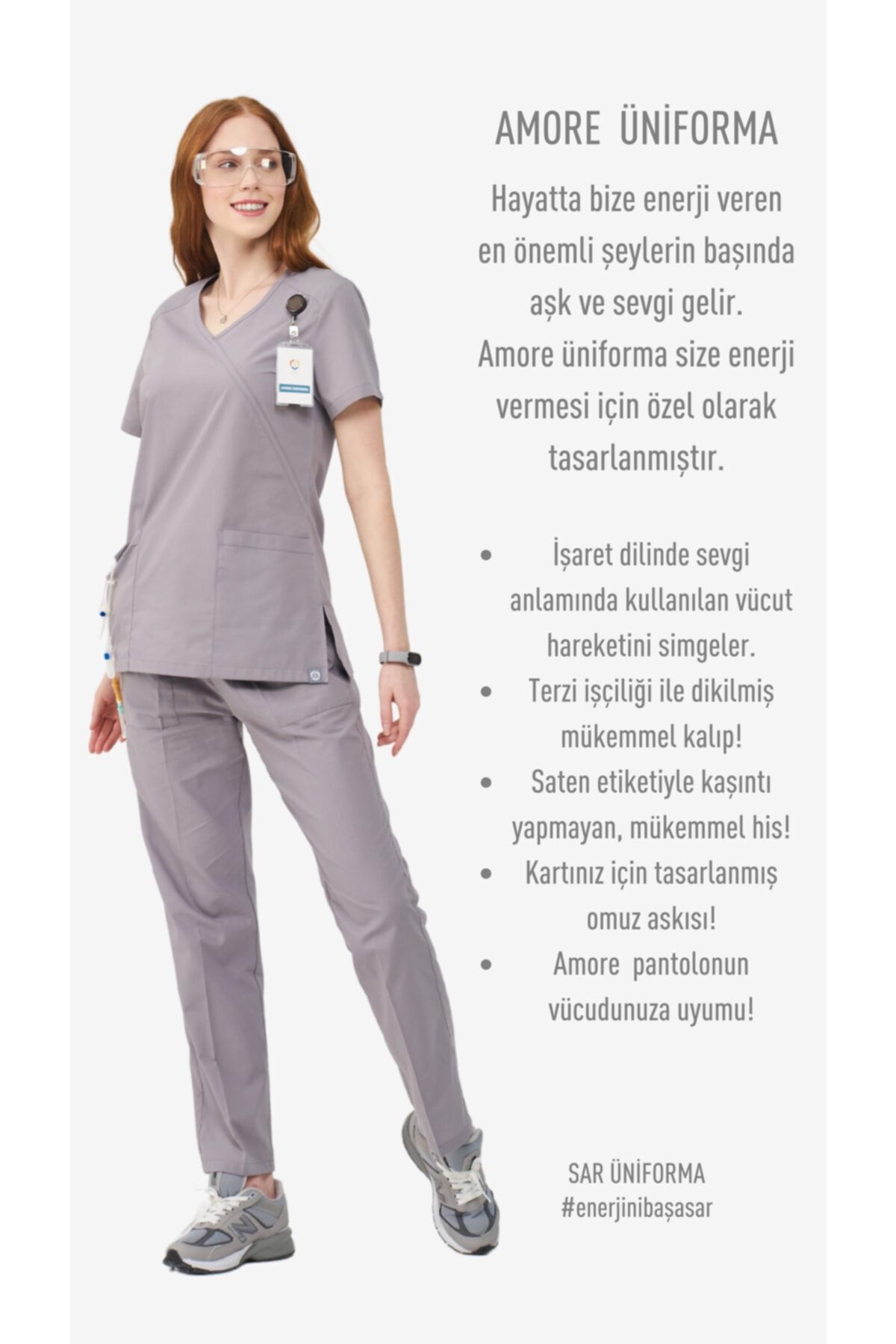 SAR TEKSTİL Amore Kadın Gri Medikal Üniforma Takım-doktor Hemşire Forması