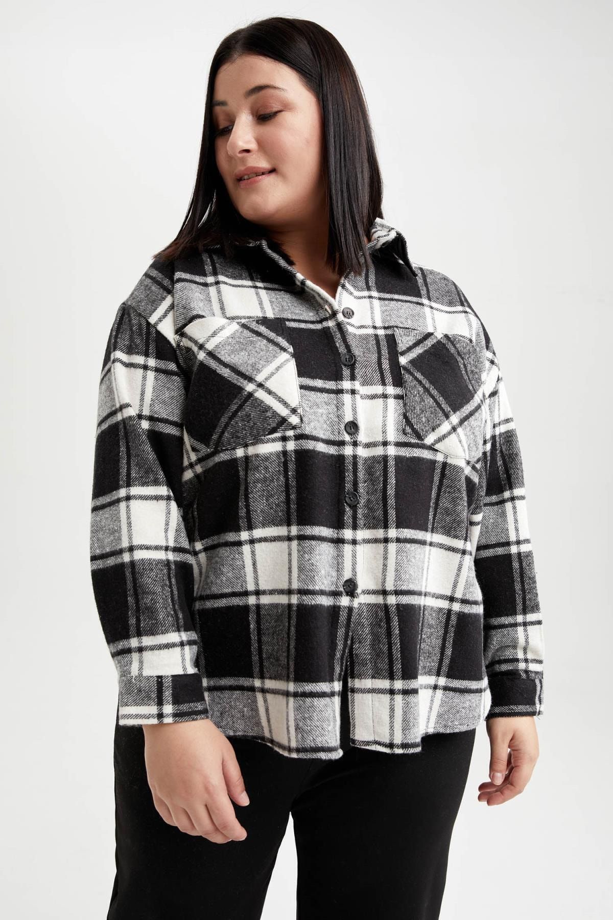 DeFacto Ekose Desenli Cepli Oversize Fit Büyük Beden Oduncu Gömlek Ceke