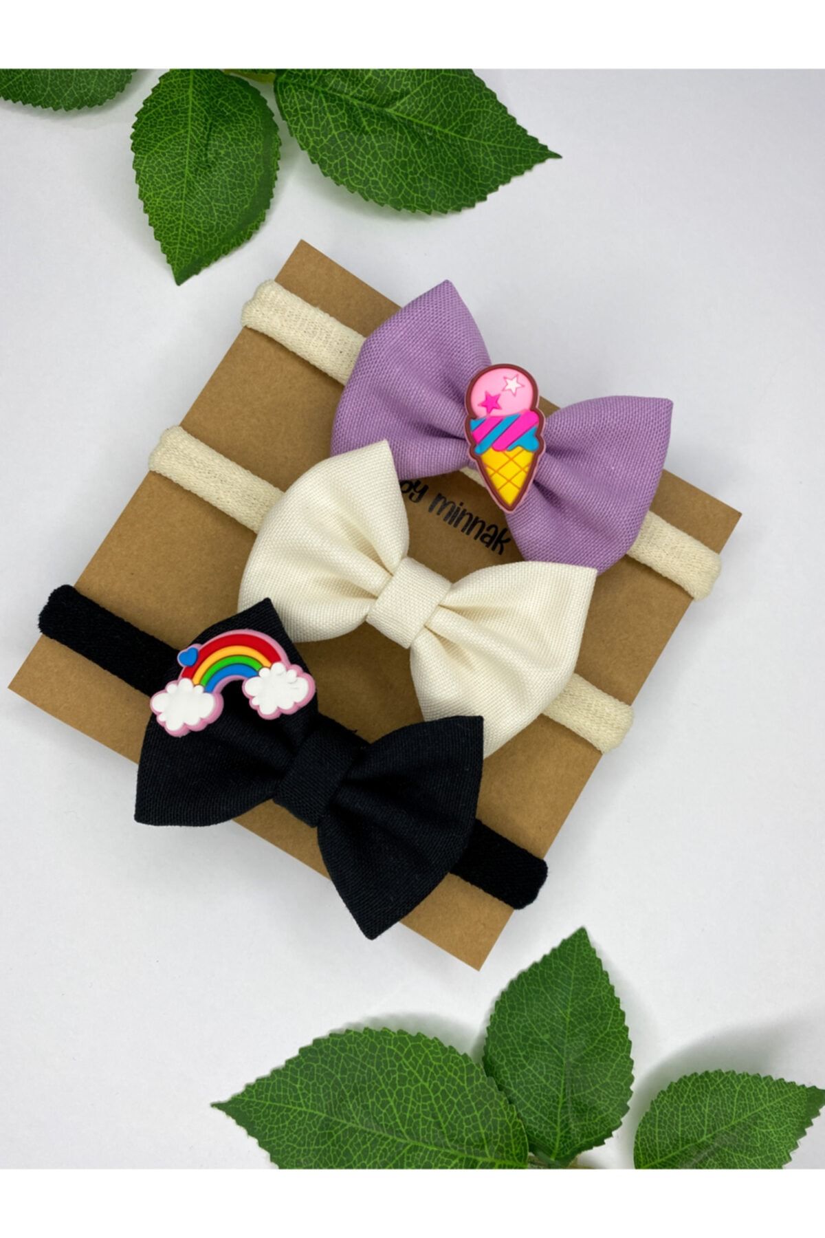 Baby Minnak Kız Bebek Çocuk 3’lü Gökkuşağı Dondurma Lila Krem Siyah Fiyonk Toka Bandana Seti