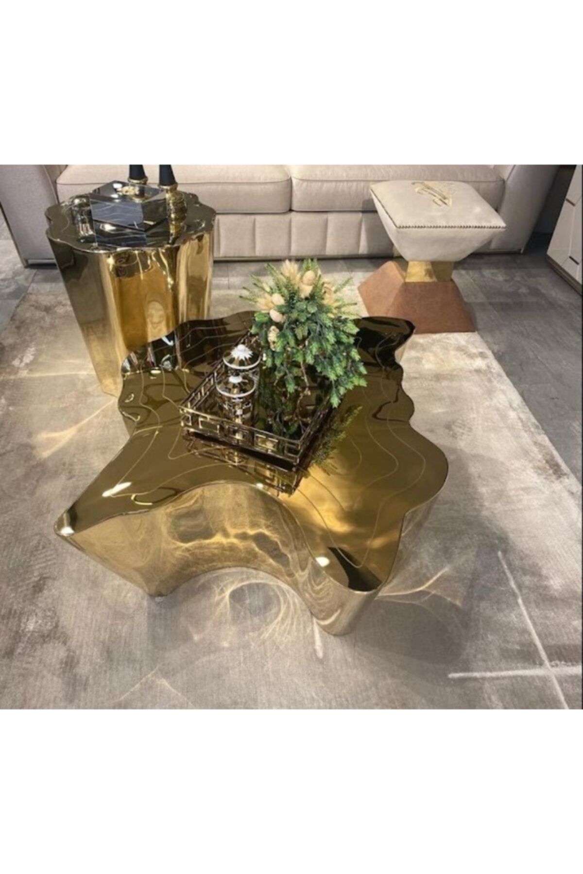 Gençtürk Luxury Gold Metal 2 Li Set Orta Sehpa 100x100 Yükseklik 30 Cm Yan Sehpa 50x50 Yükseklik 55 Cm