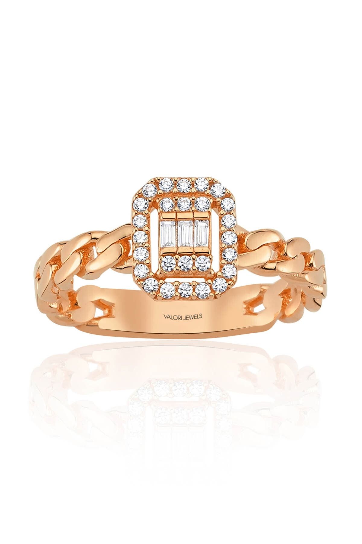 Valori Jewels Baget Taşlı Gümüş Yüzük , 0.62 Karat , Zincir Dizayn , Rose Rengi