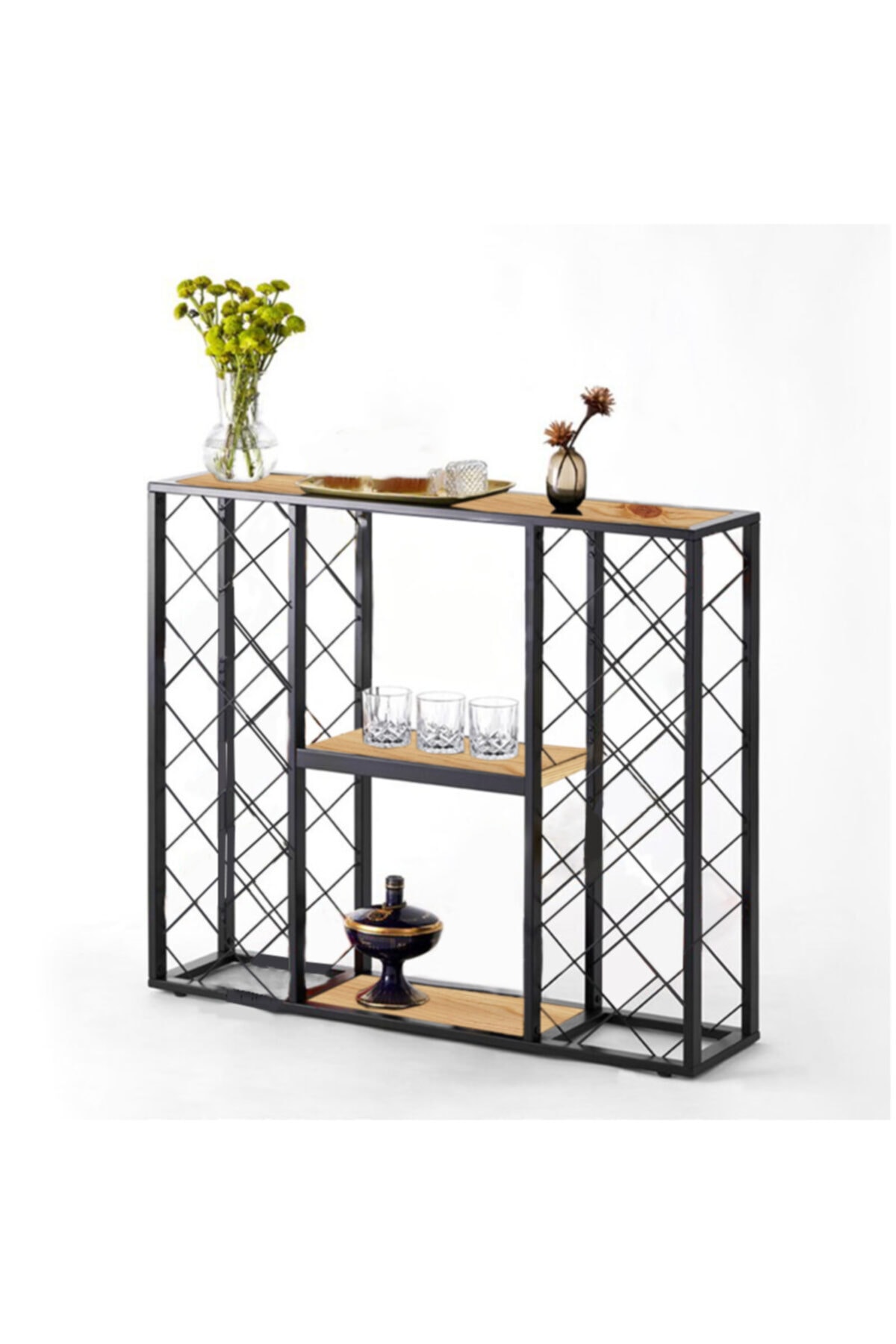 janiyeva Naturel Dresuar Konsol Metal Masif Ahşap Şaraplık Içki Standı
