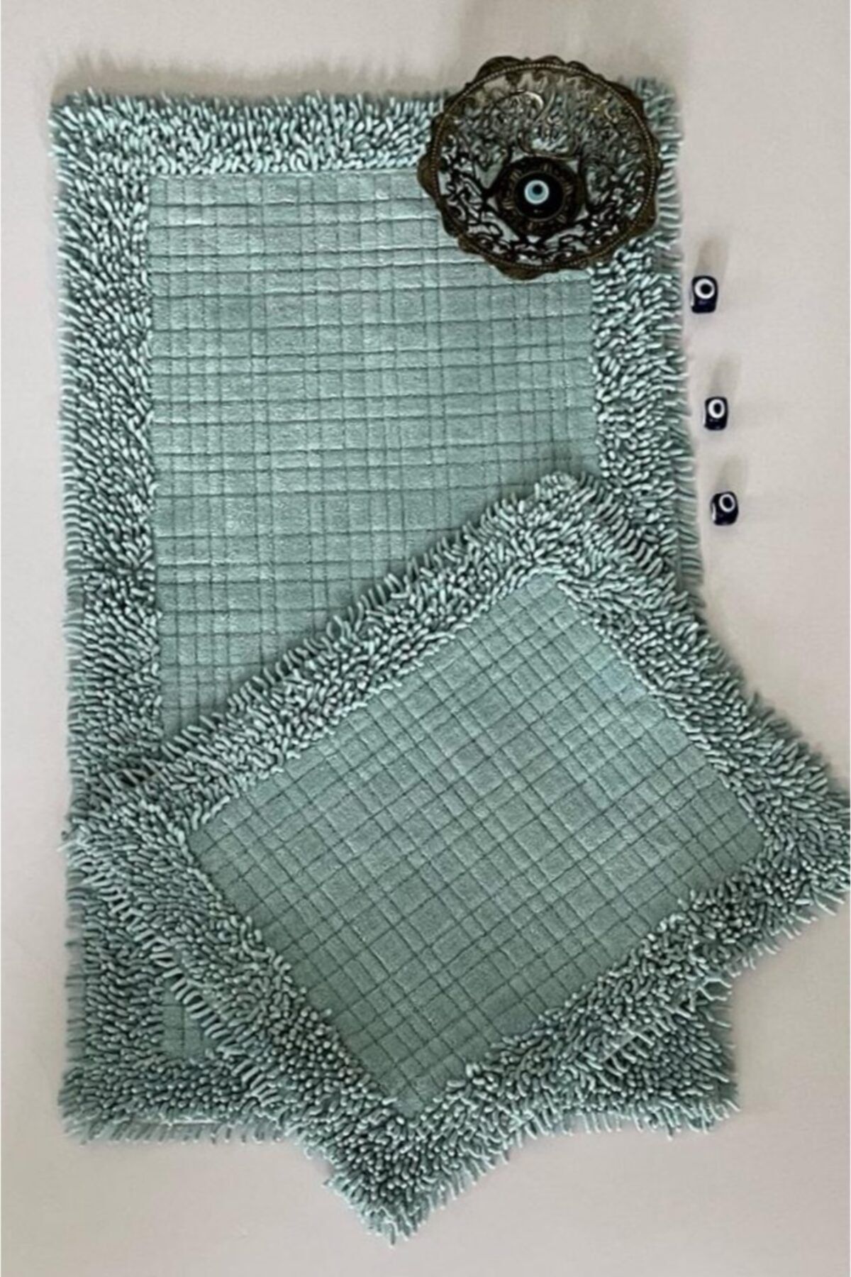 Zeria Home Ekose Kenar Makarna Pamuklu Banyo Paspası 2'li Set Aqua