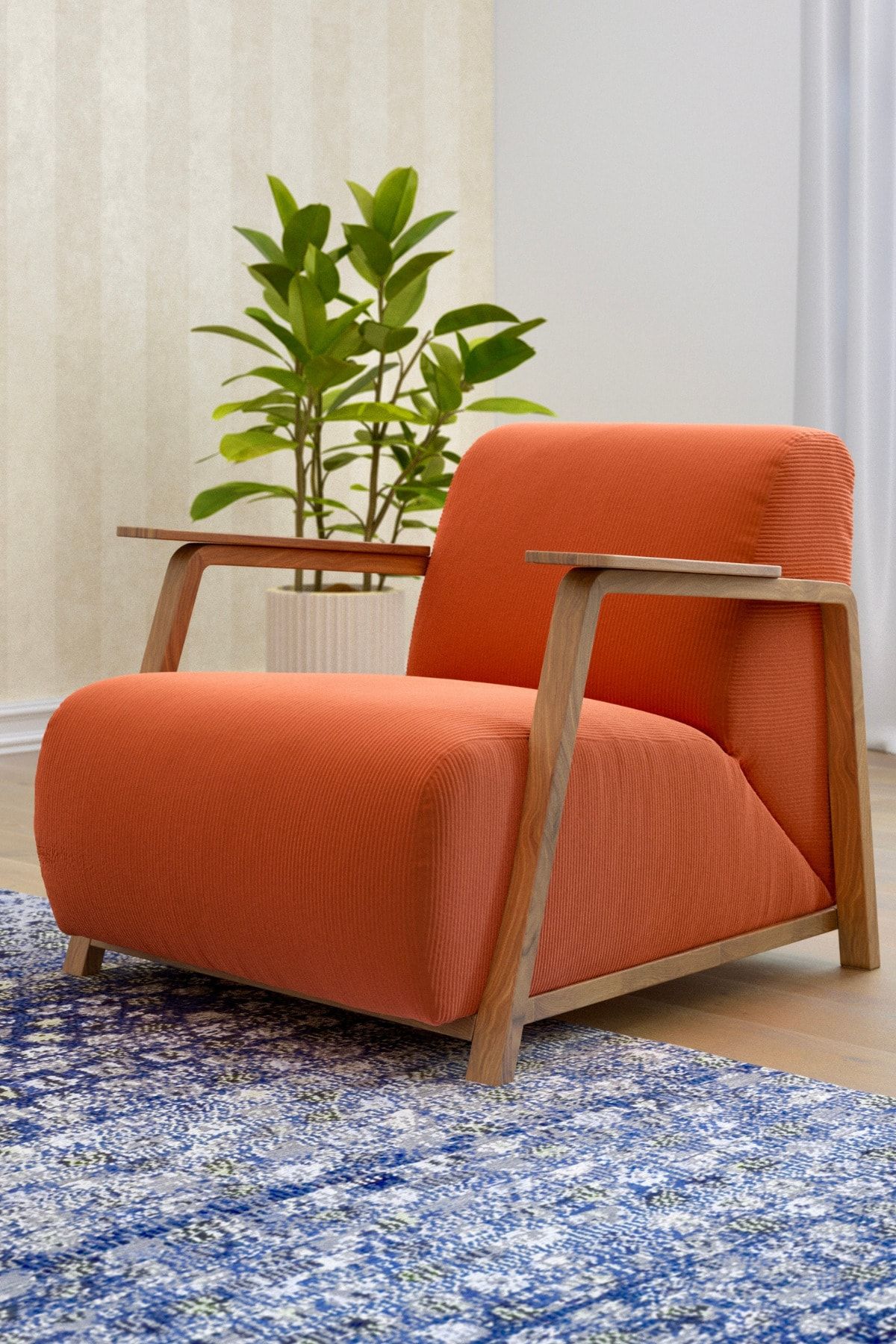 BEKALIVING Zanzi Meşe Berjer Oturma Odası Mobilya Iskandinav Minimal Modern Ahşap Pastel Turuncu