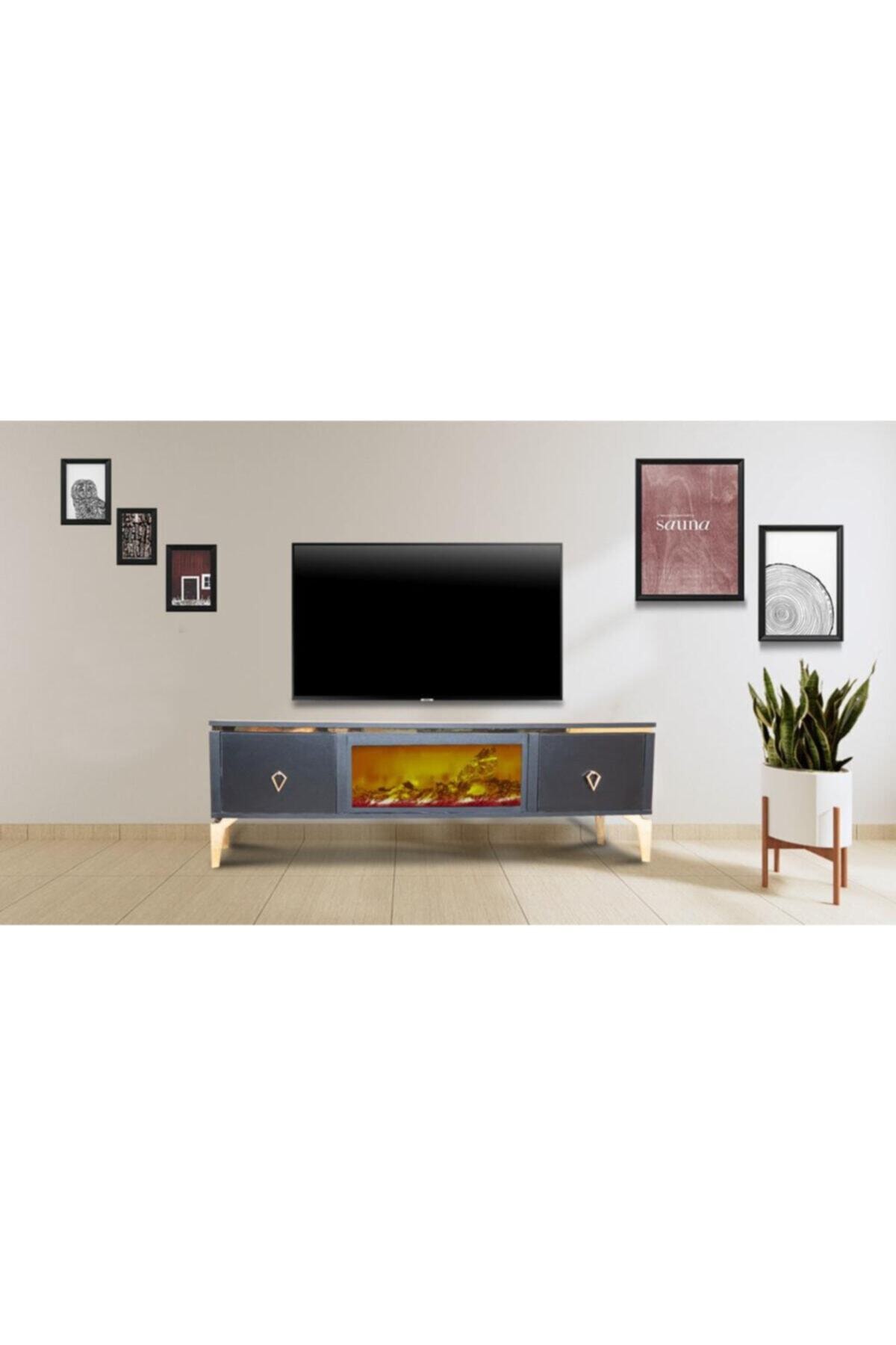 S&S HOME DESIGN Şömineli Antrasit Gold Tv Ünitesi