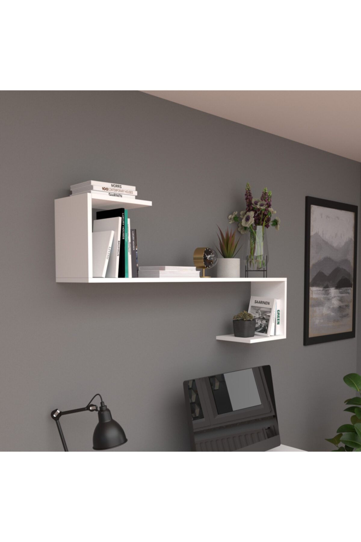 yakamoz tasarım mobılya Dekoratif Zigzag Duvar Rafı Kitablık Ve Çiçeklik 130cm