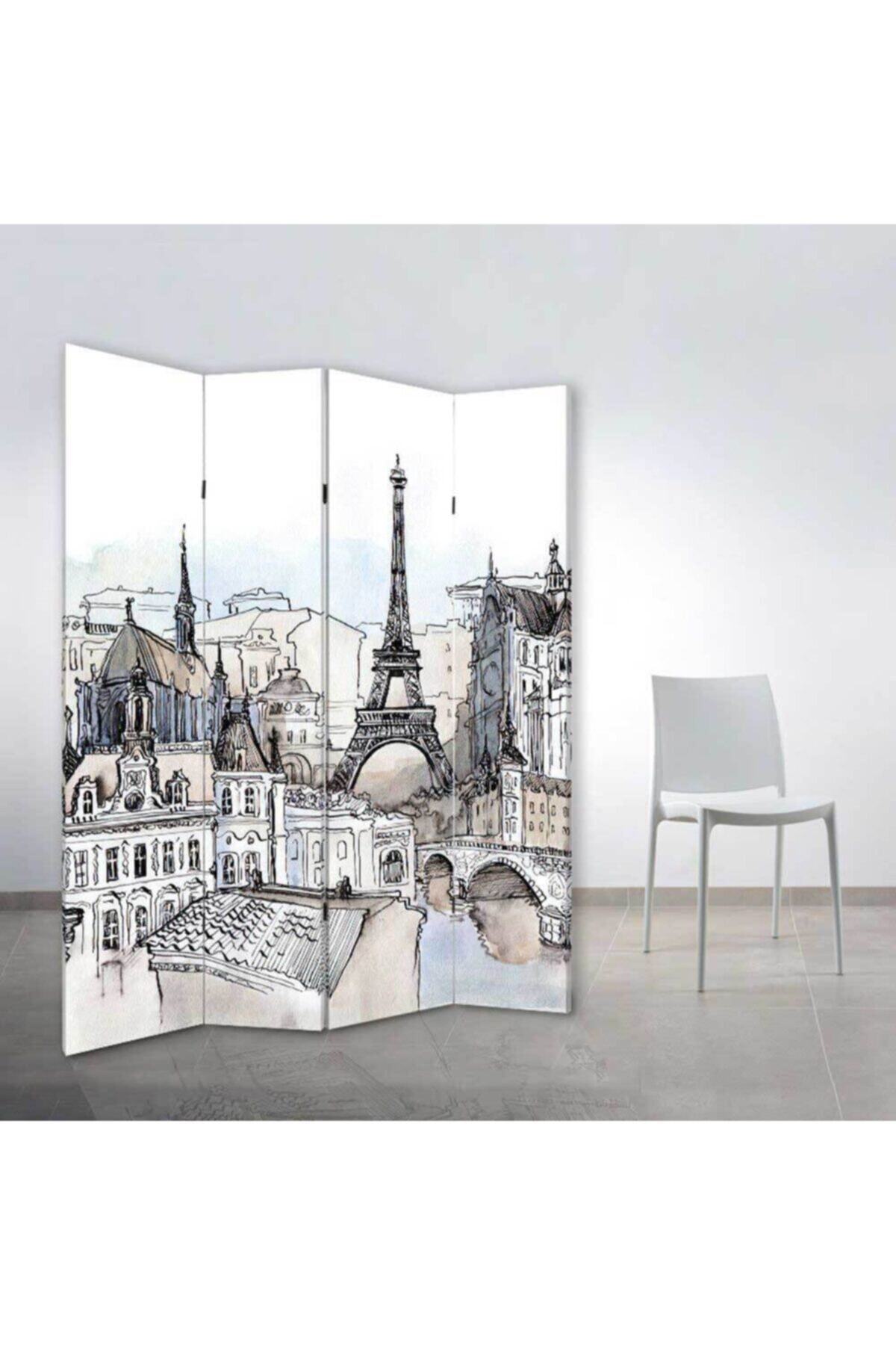 StellaStore Paris Manzarası 4 Kanatlı Oda Bölücü Çift Taraflı Kanvas Paravan