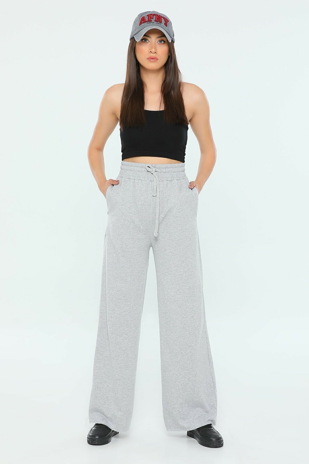 LE CARAMBOLE Kadın Gri Bol Paça Penye Eşofman Altı