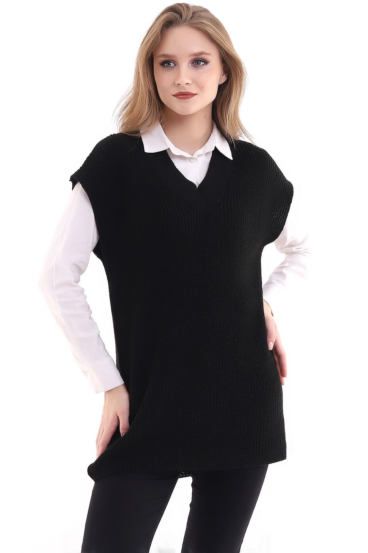 LEBUAS Siyah Triko Süveter - Selanik Örgü - V Yaka