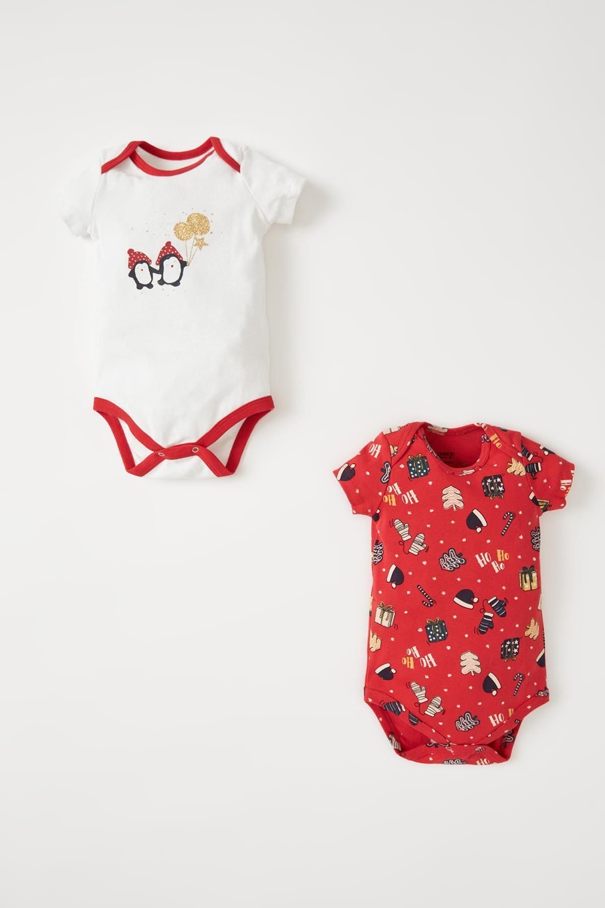 DeFacto Kız Bebek Regular Fit Yılbaşı Temalı Kısa Kollu 2'li Kısa Kollu Çıtçıtlı Body