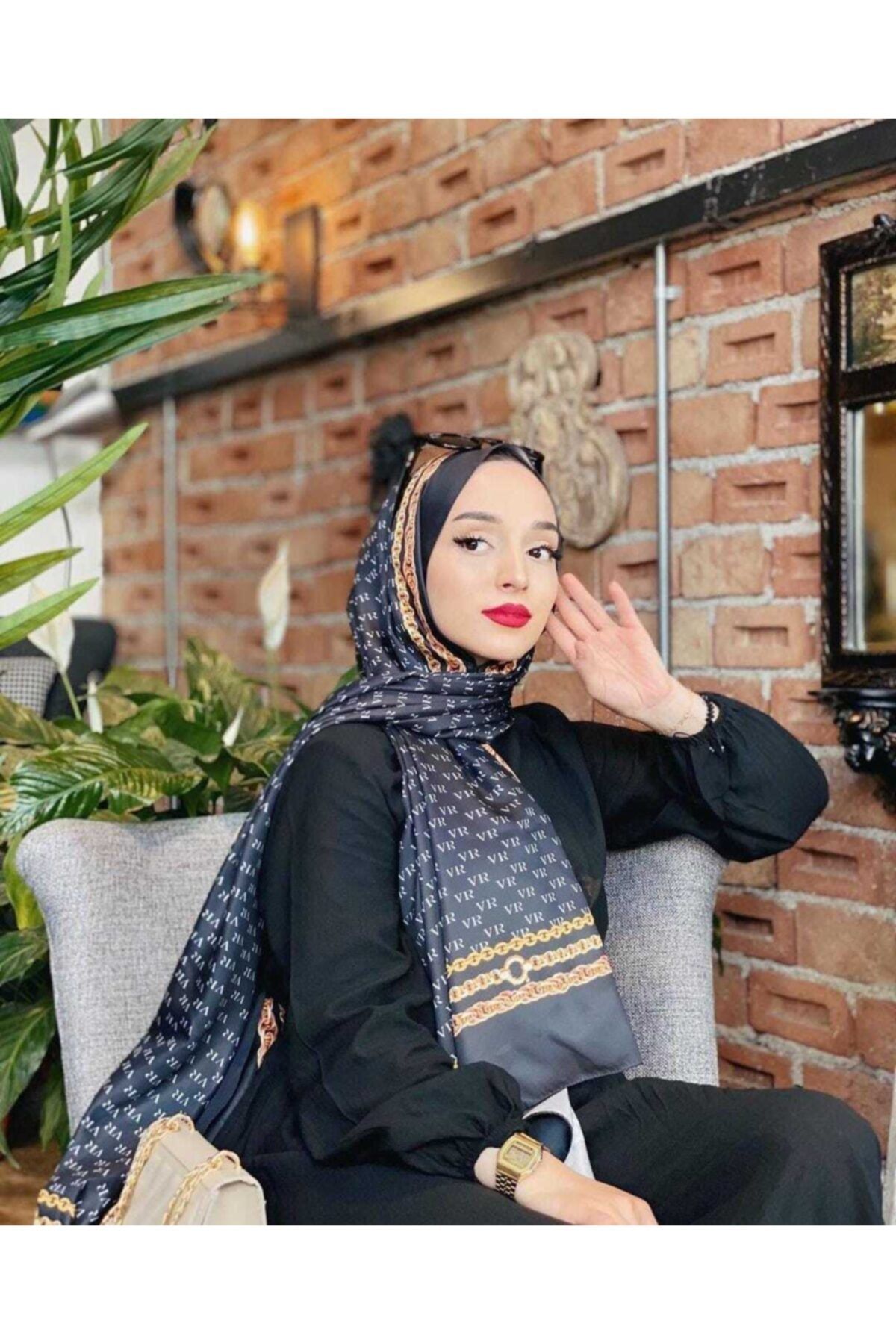 vera hijab Kadın Vr Logo Desen Twill Şal Siyah Vr002