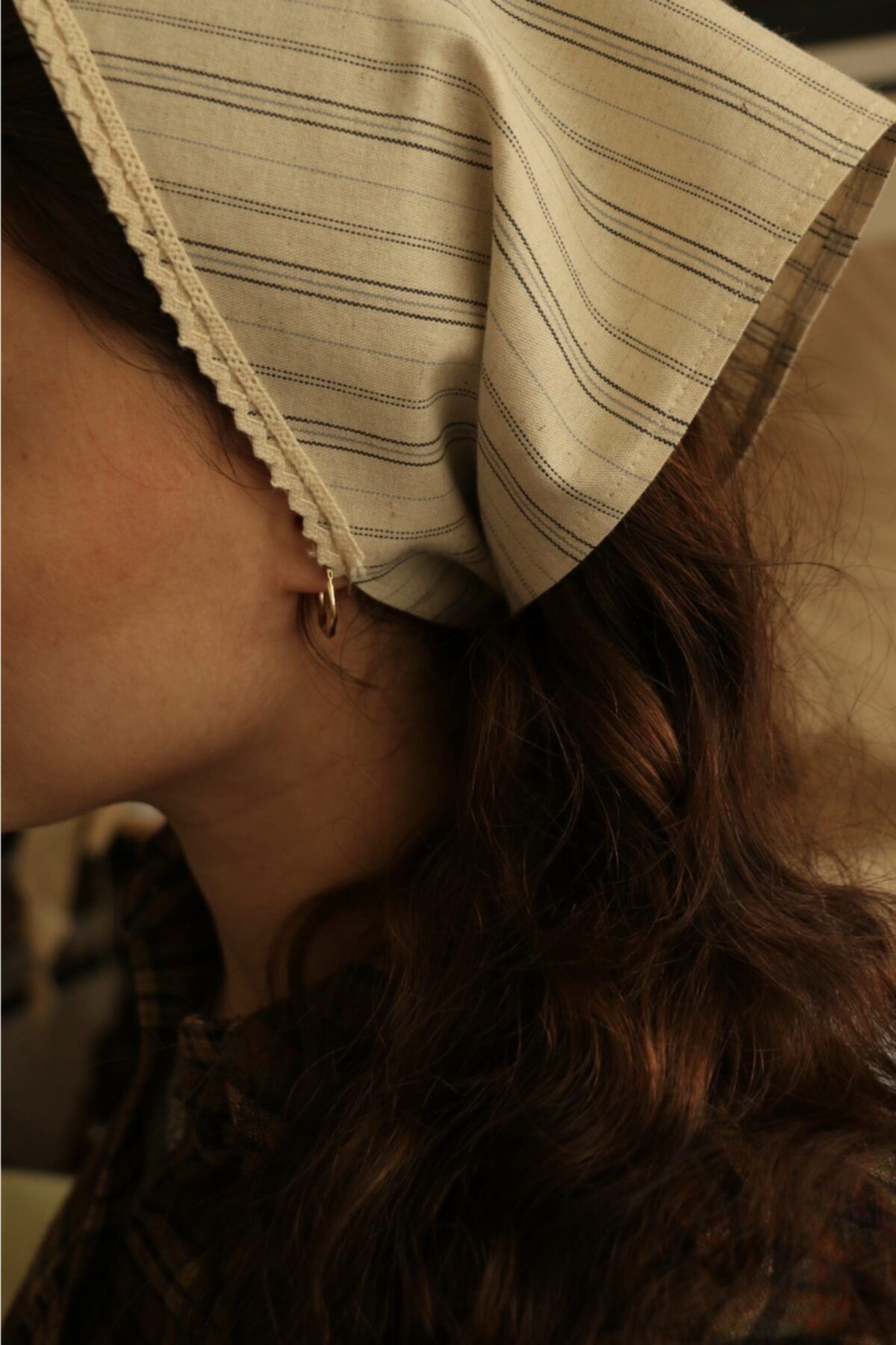 Hoyatap Kalın Keten Çizgili Dantelli Bandana