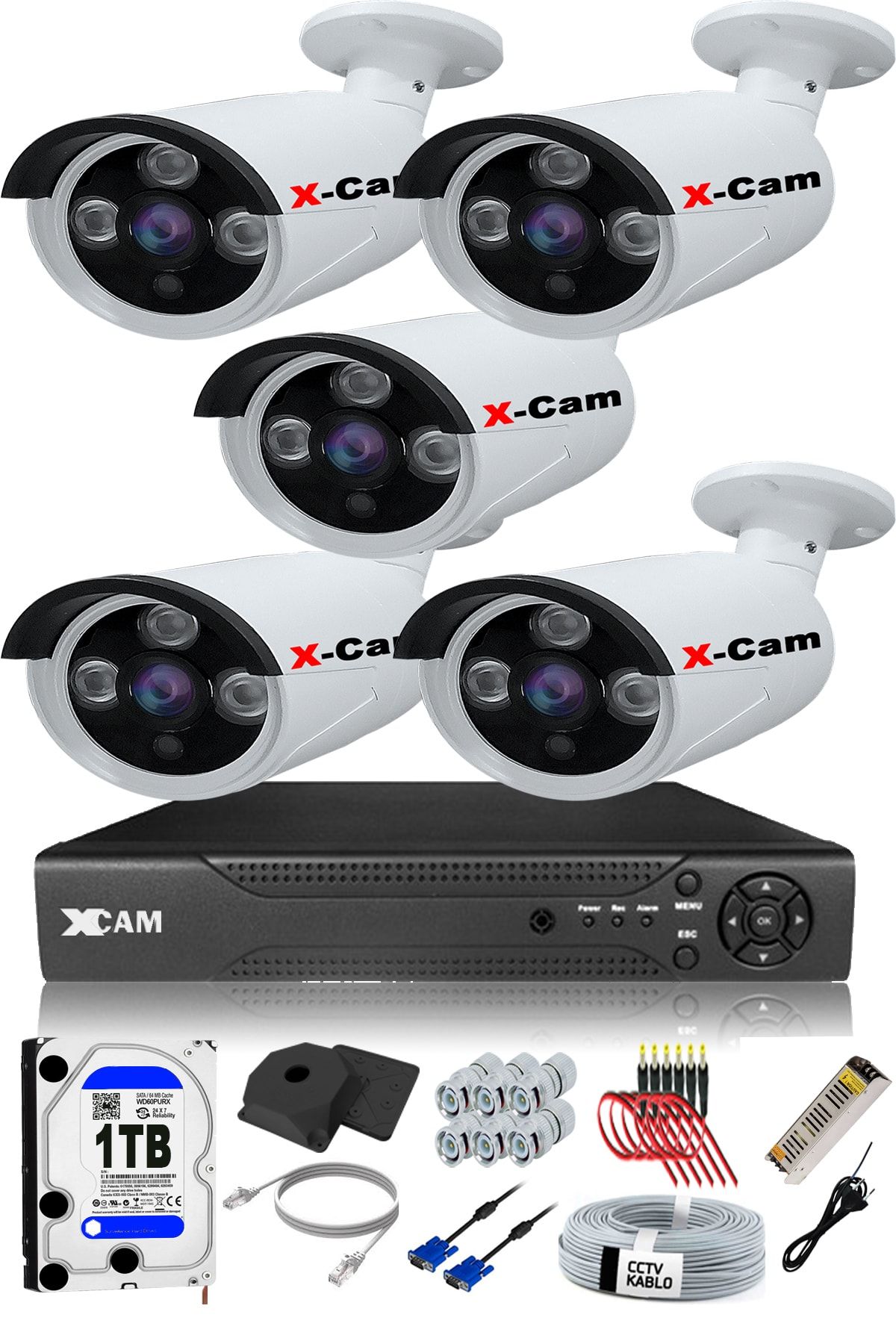 XCAM 5 Kameralı 5mp Sony Lensli 1080p Fullhd Güvenlik Kamerası Sistemi - Cepten Izle - Gece Görüş -1tbdış