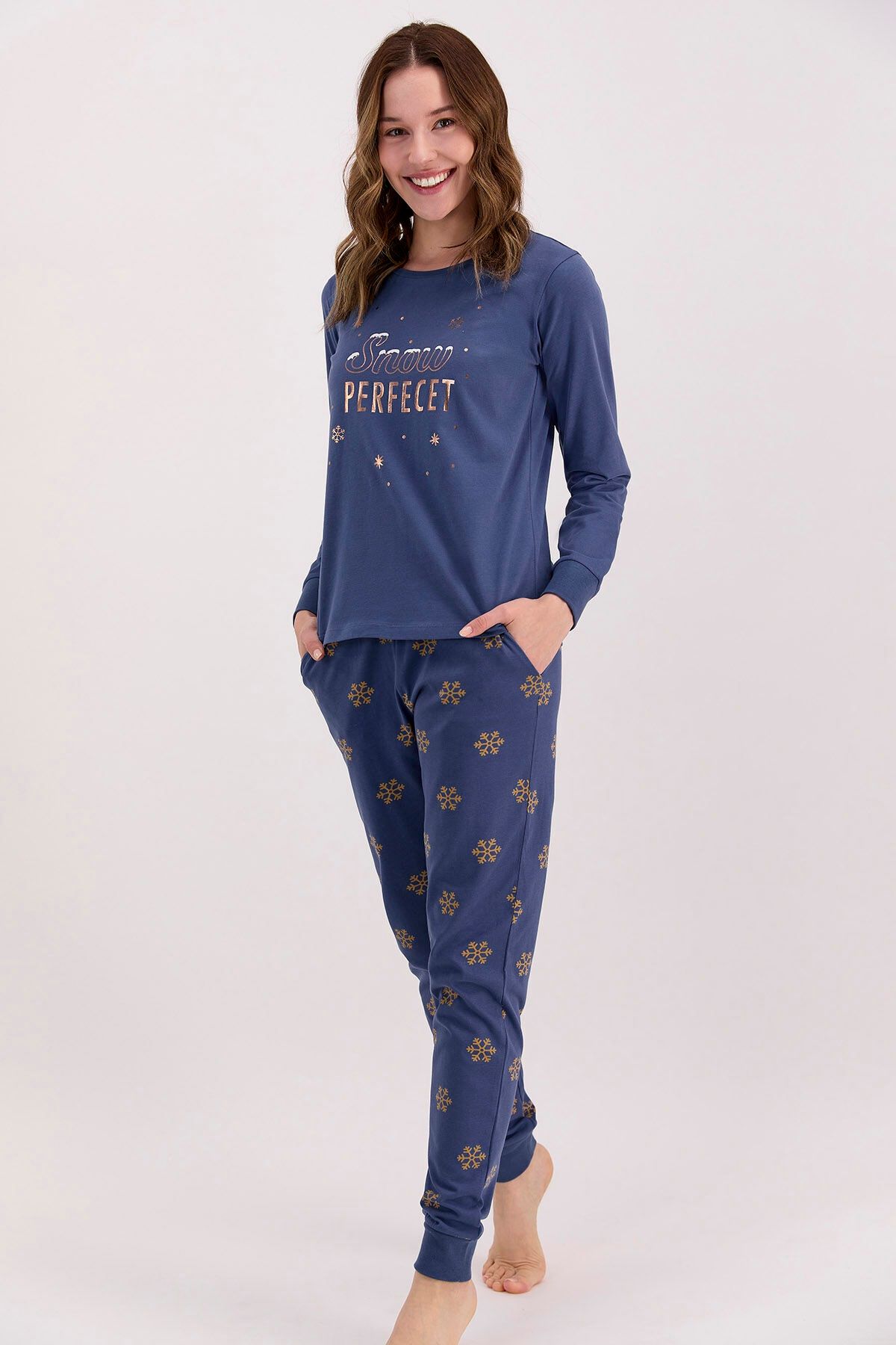 Arnetta Kadın Snow Funny Indigo Kadın Uzun Kol Pijama Takımı
