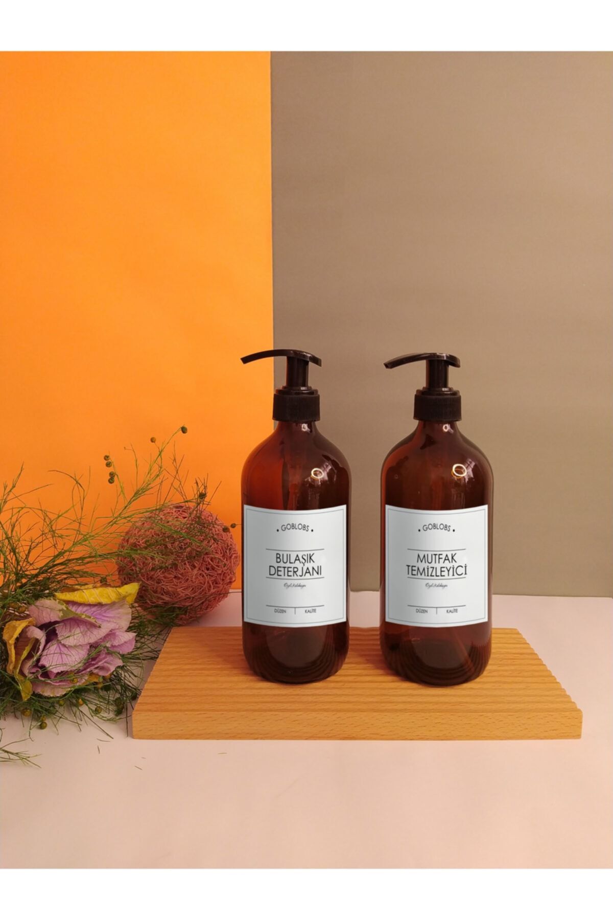 GO BLOBS 2'li Set 500ml Amber Kahverengi Cam Şişe Bulaşık Deterjanı & Mutfak Temizleyici Beyaz Etiketli