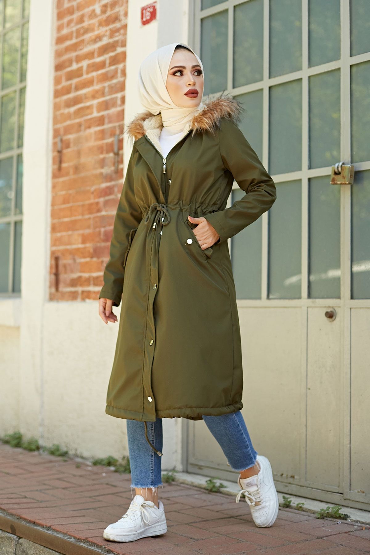 festmoda Kadın Haki Tarz Polar Mont