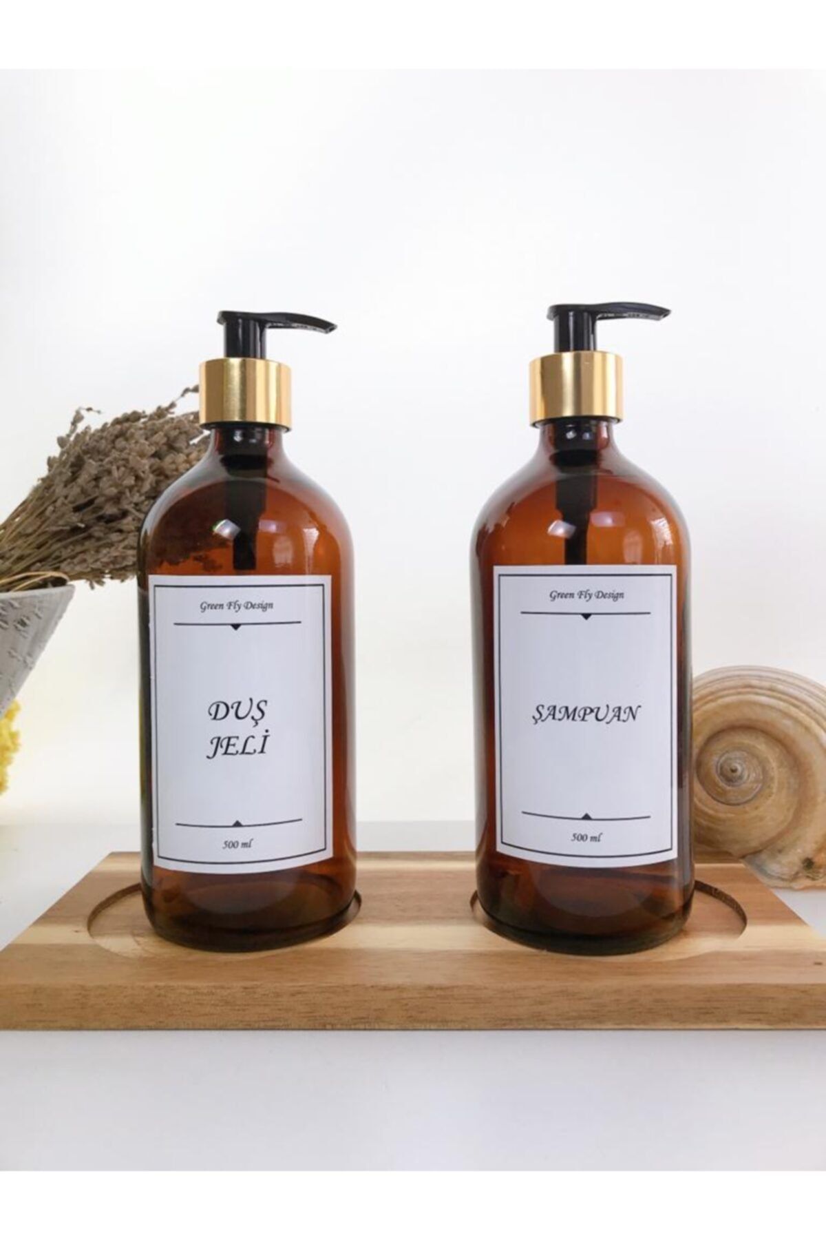 GREEN FLY DESİGN Amber Cam Şişe 500 ml Şampuan, Duş Jeli