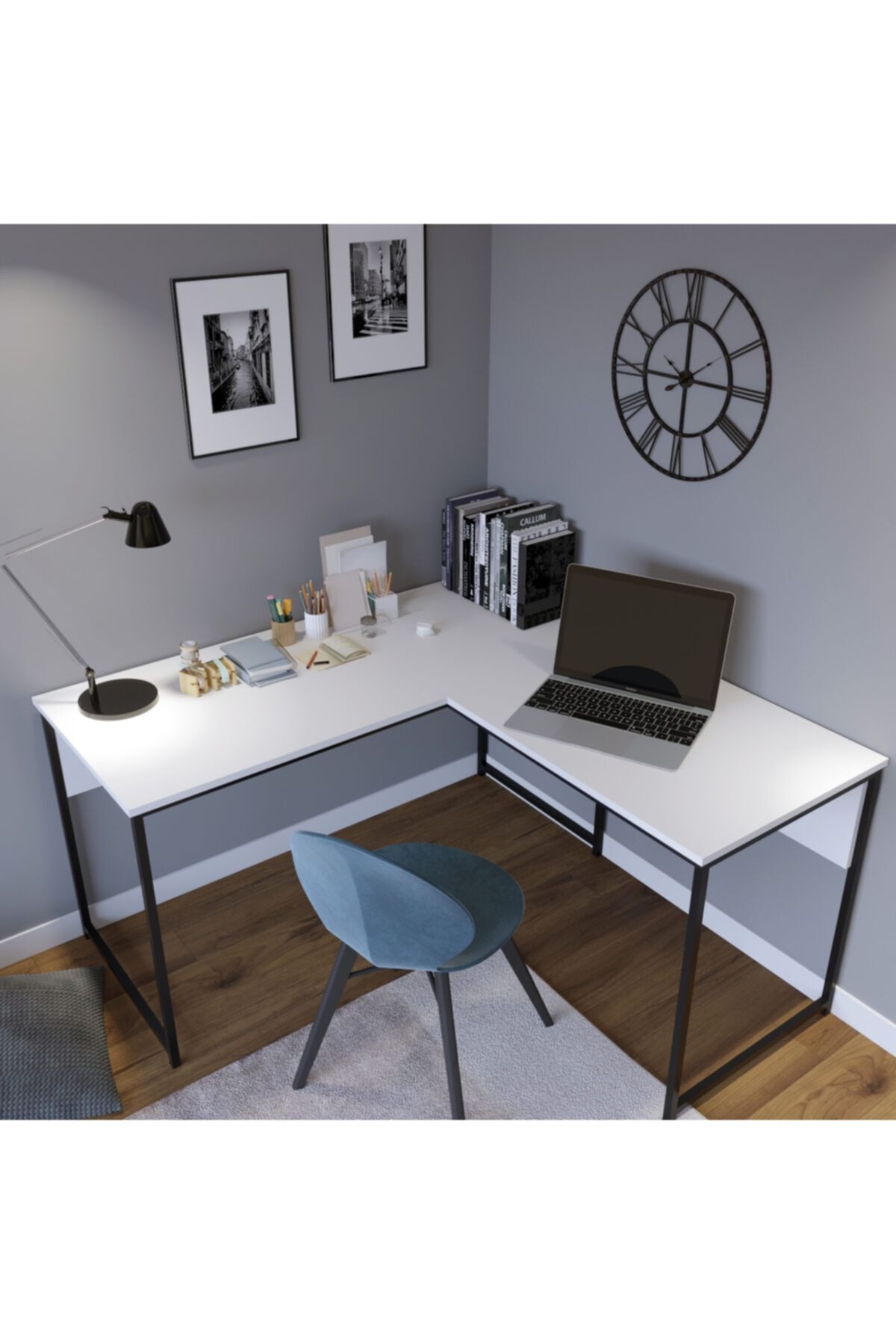 Fupe Shop 140*60*72 L Tasarım Siyah Demirli Çalışma Masası Beyaz