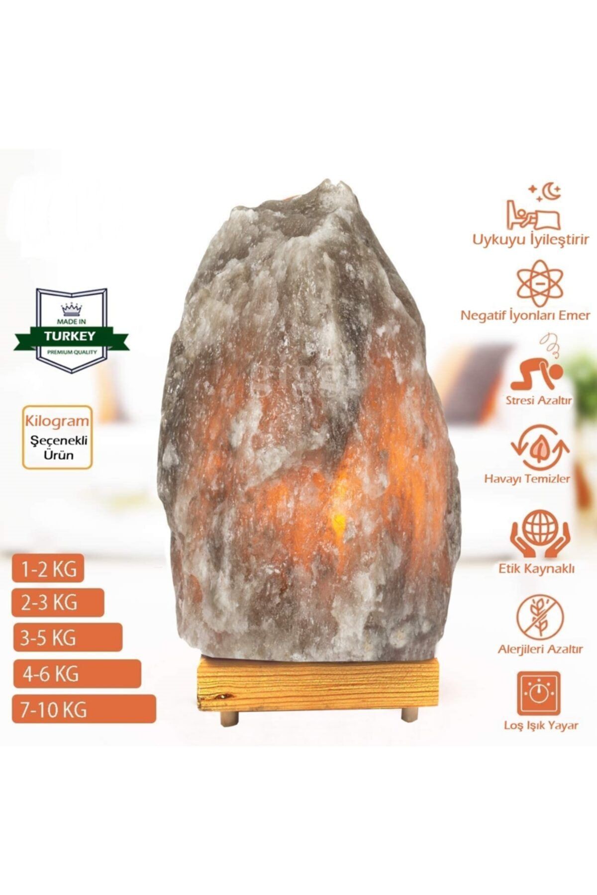 Ankaflex Çankırı Kaya Tuzu Lambası Doğal Tuz Lamba Oda Abajur 7-8 Kg + 1.5 Mt Açma-kapama Düğmeli Lamba