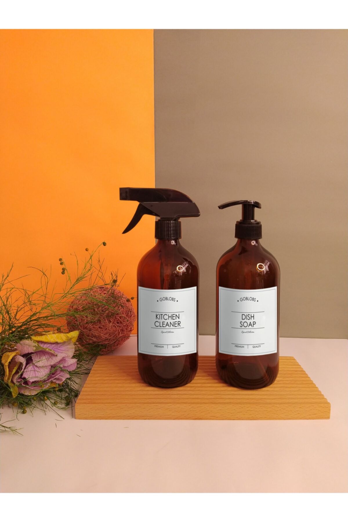 GO BLOBS 2'li Set 500ml Amber Kahverengi Cam Şişe Kıtchen Cleaner Sprey & Dısh Soap Beyaz Etiketli