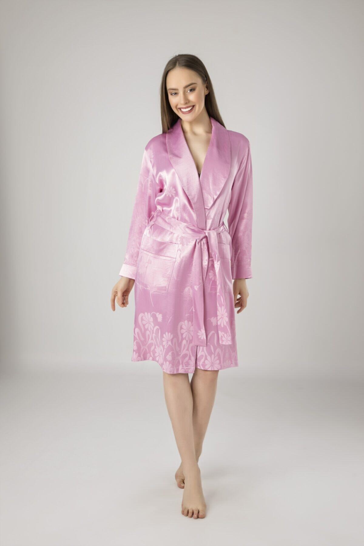 Nuşa Kadın Pembe Saten Jakarlı  Sabahlık