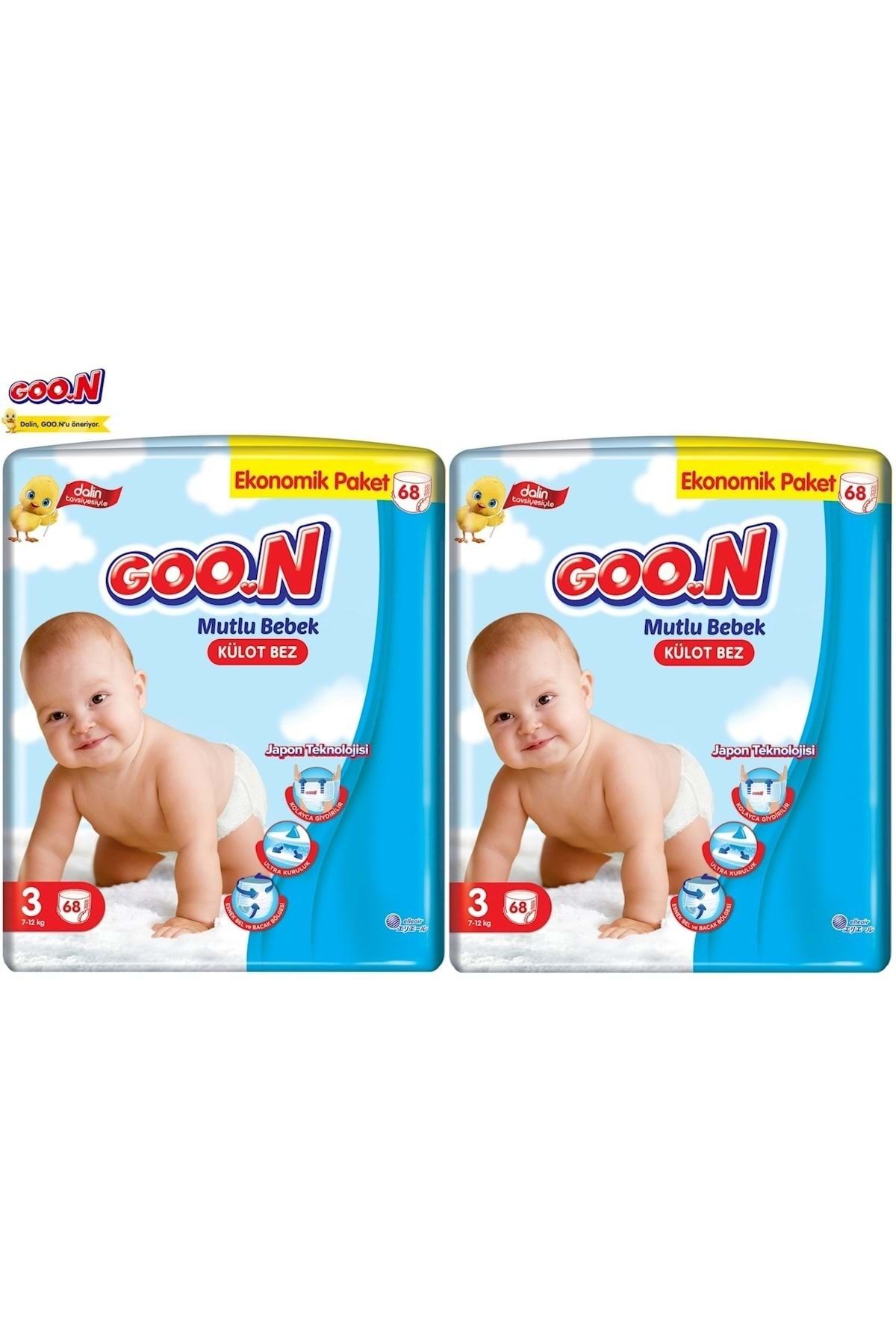 Goo.n Goon Mutlu Bebek Dev Külot Bebek Bezi Beden:3 (7-12kg) Midi 136 Adet (2pk*68)