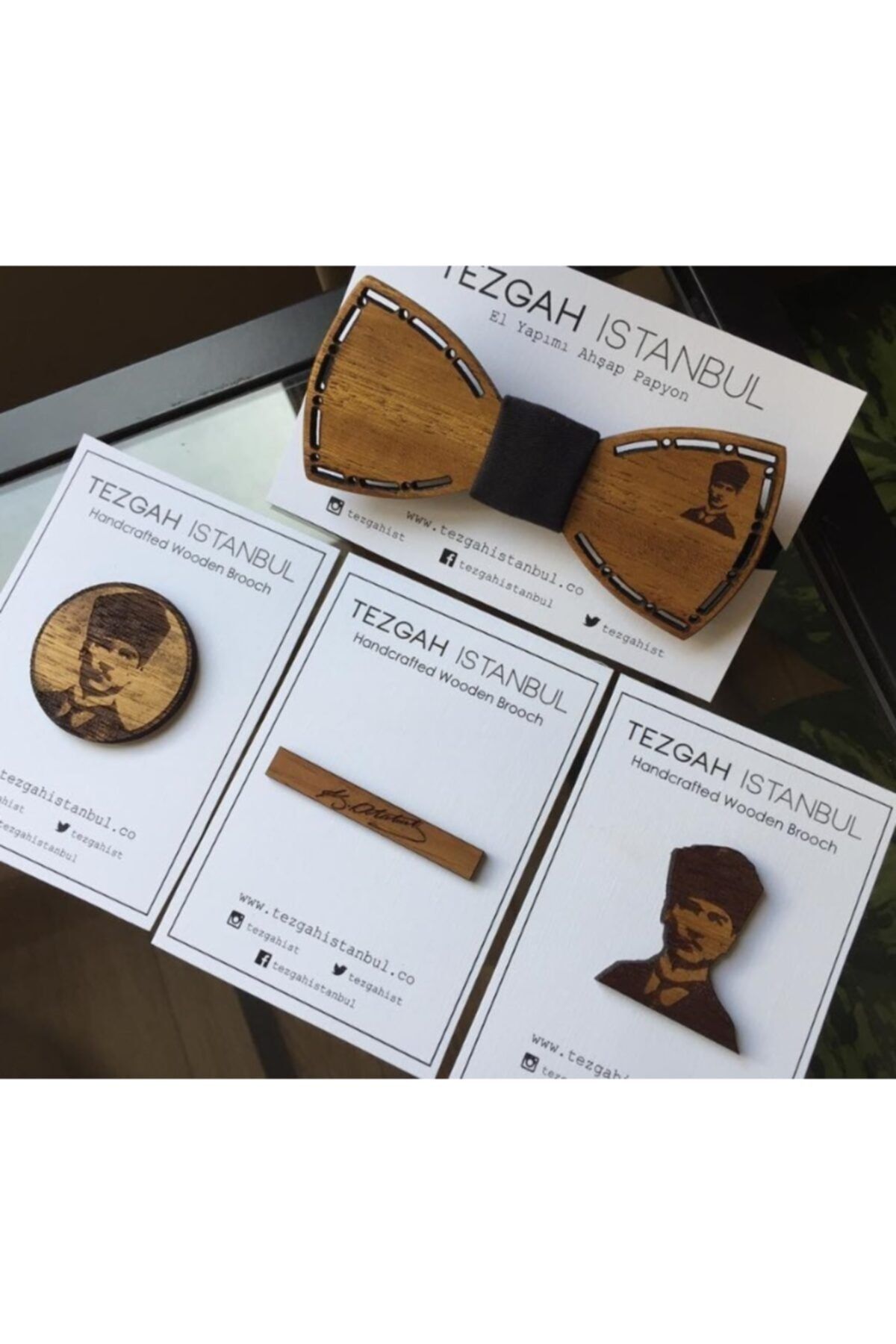 Tezgah İstanbul Atatürk Ahşap Papyon Yaka Iğnesi Ve Kravat Iğnesi Seti