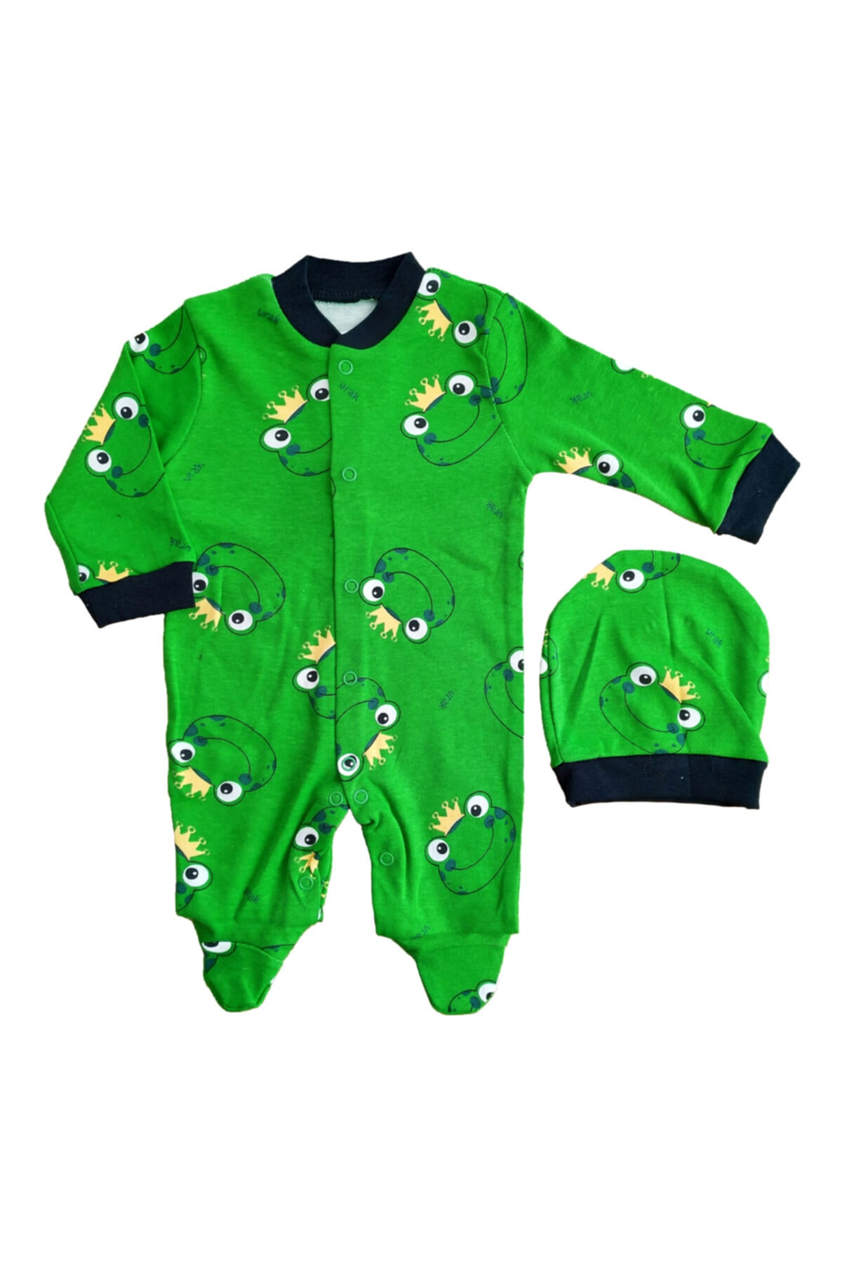 Necix Kurbağa Görselli Önden Çıtçıtlı Patikli Bereli Kız Ve Erkek Bebek 2 Li Tulum Takımı