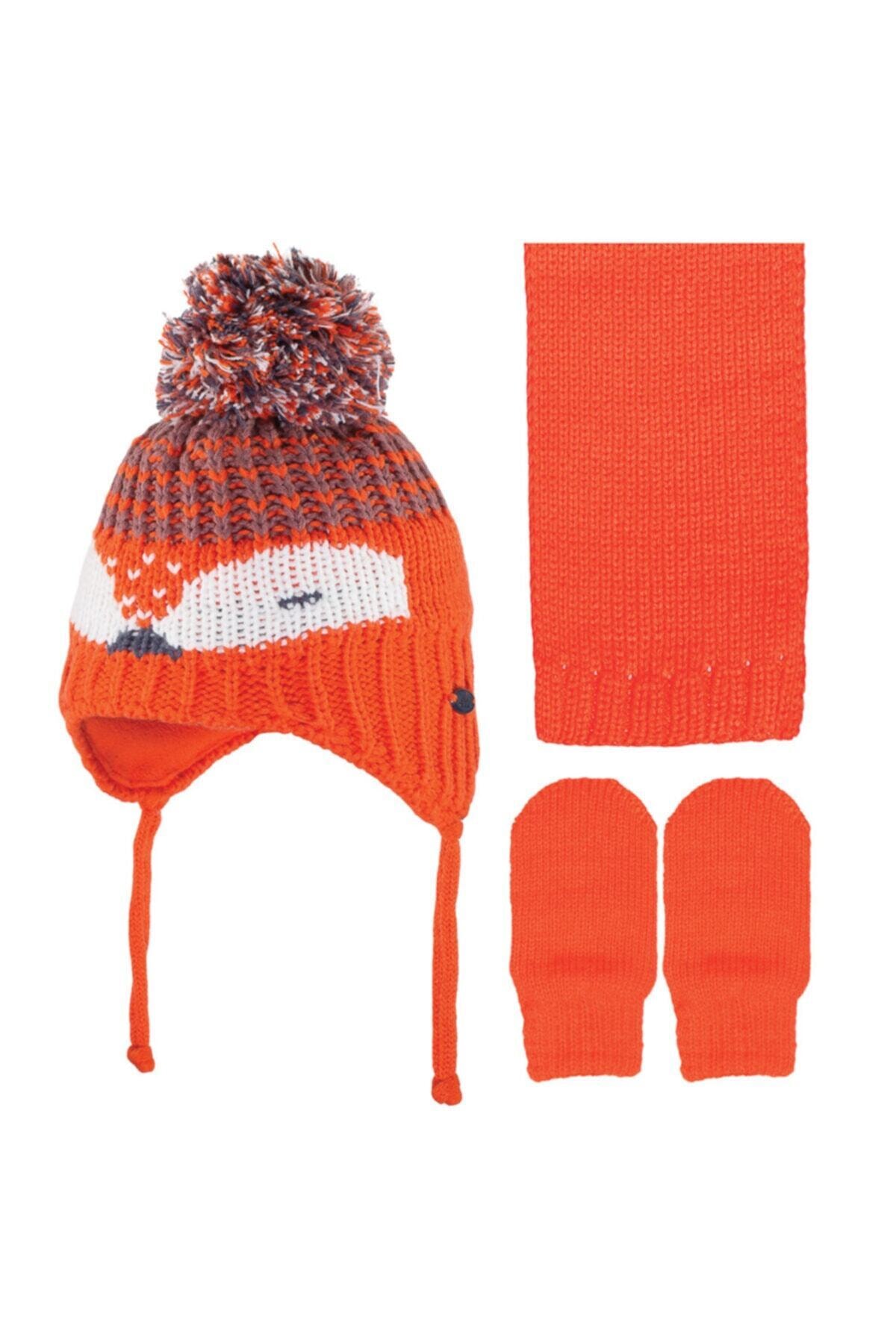 MİNİKO KİDS Erkek Bebek Turuncu Atkı Bere Eldiven Set 2900-08