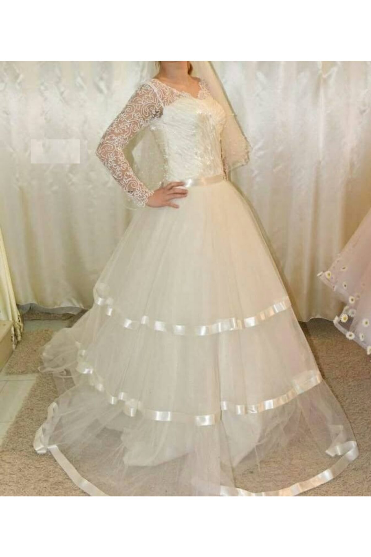 GELİNLİK VE MODA Kadın Beyaz Uzun Dantel Kollu Gelinlik