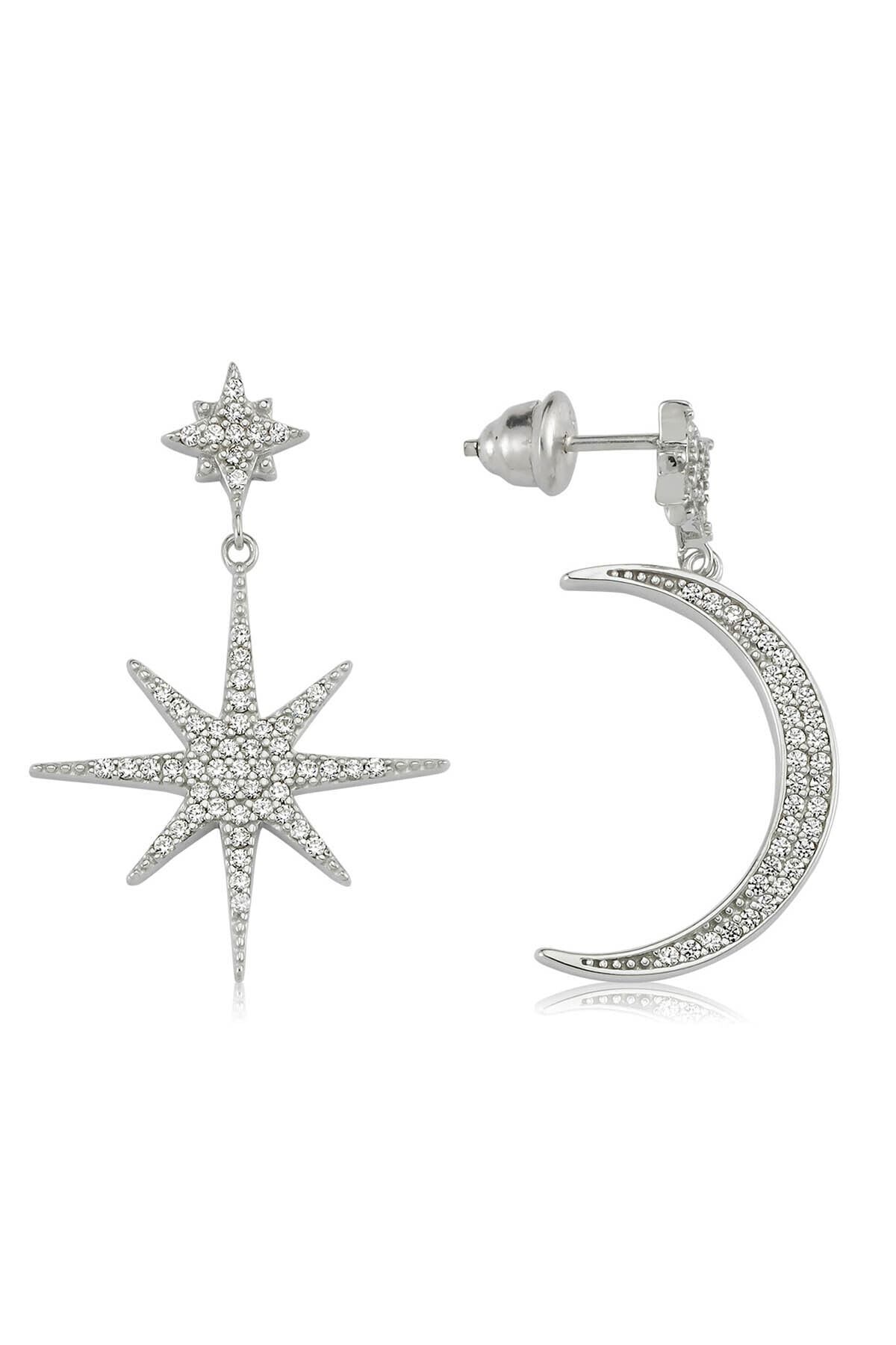 Valori Takı Kutup Yıldızı Ve Ay, Swarovski Zirkon Beyaz Taşlı, Gümüş Küpe
